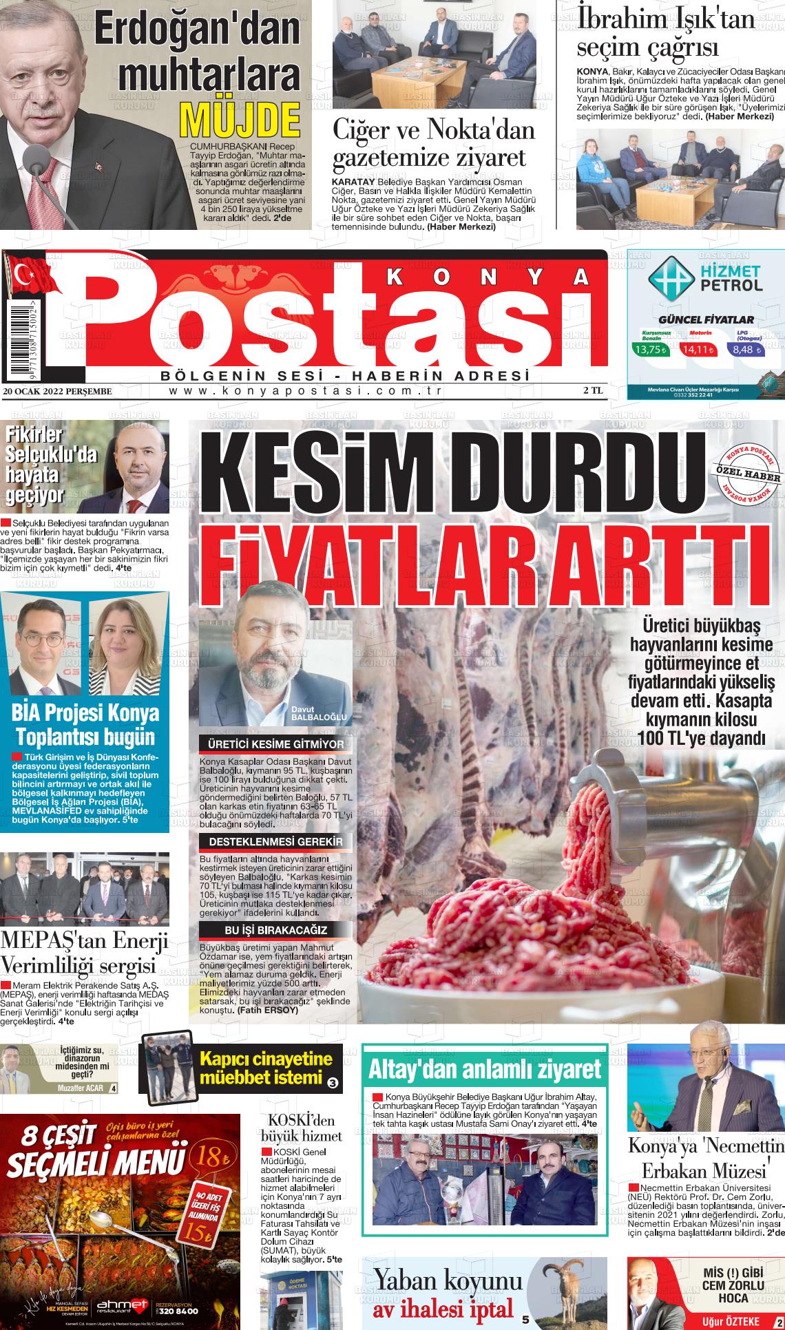 20 Ocak 2022 Konya Postası Gazete Manşeti