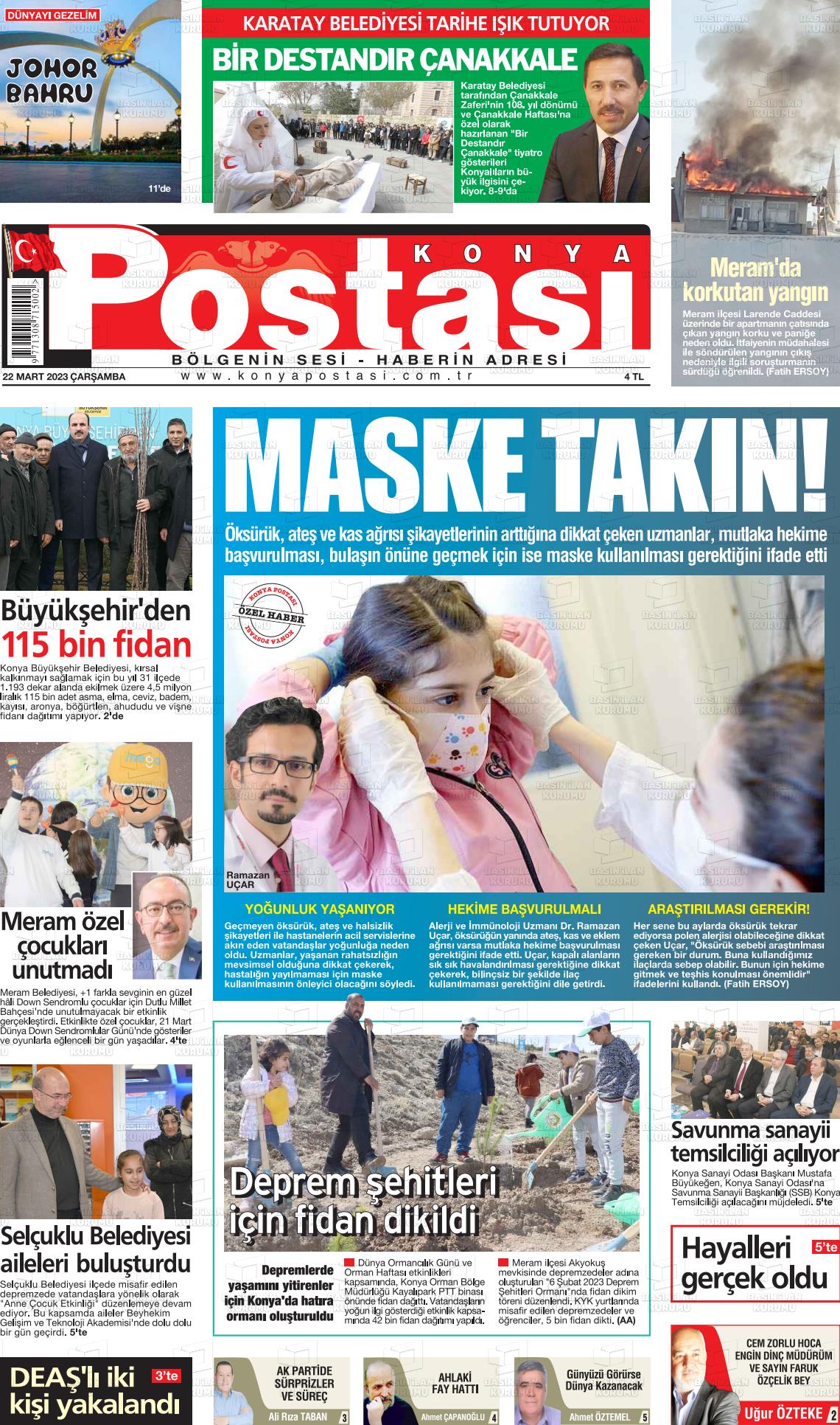 22 Mart 2023 Konya Postası Gazete Manşeti