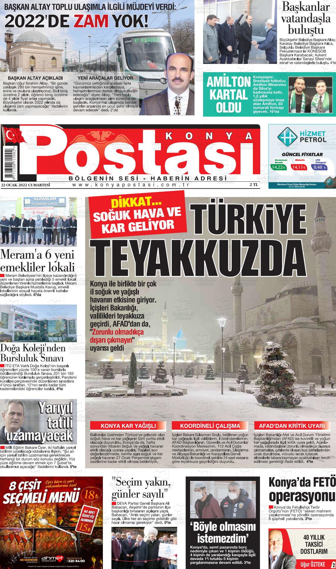 22 Ocak 2022 Konya Postası Gazete Manşeti