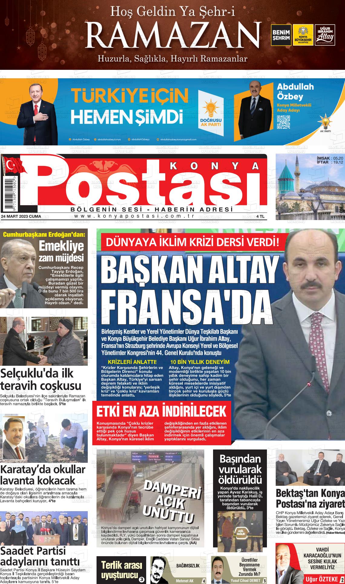 24 Mart 2023 Konya Postası Gazete Manşeti