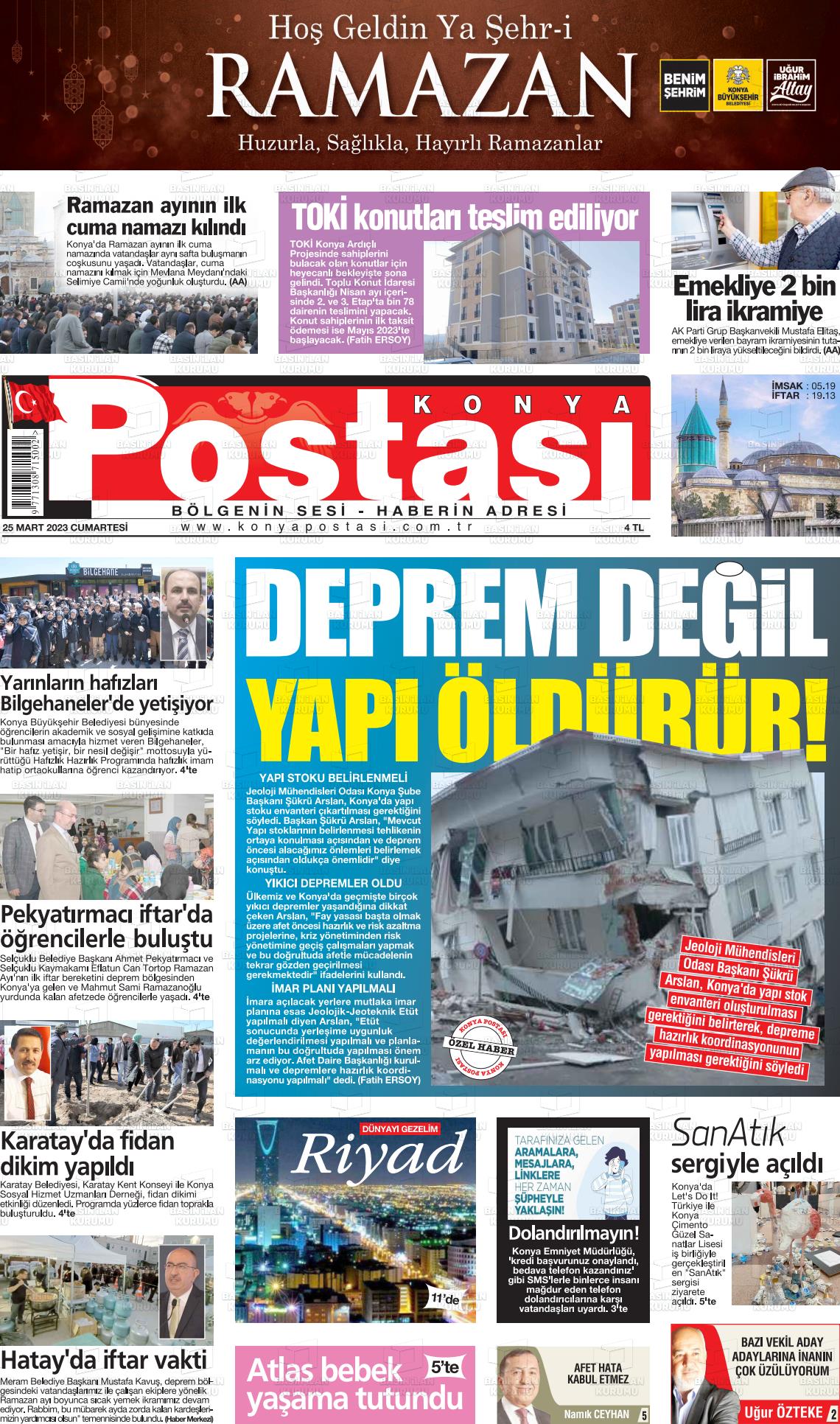 25 Mart 2023 Konya Postası Gazete Manşeti