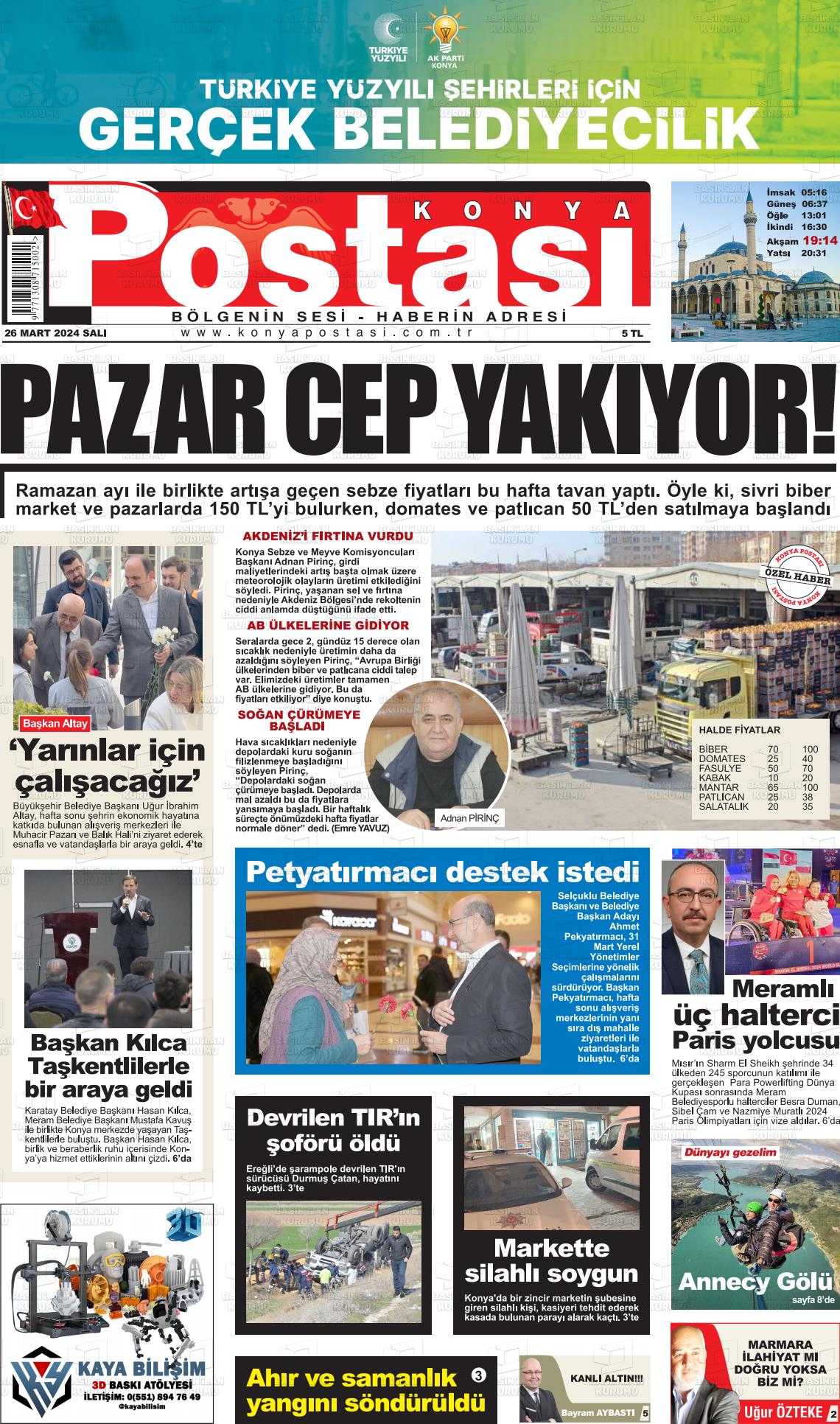 26 Mart 2024 Konya Postası Gazete Manşeti
