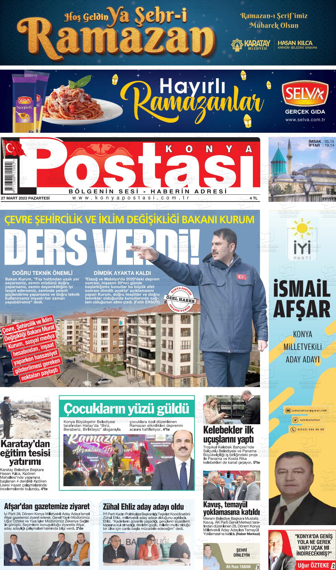 27 Mart 2023 Konya Postası Gazete Manşeti