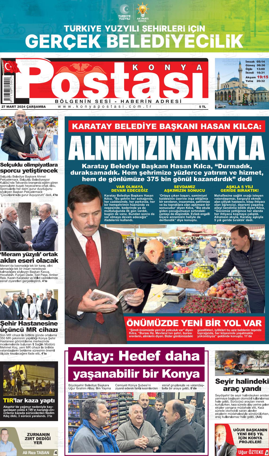 27 Mart 2024 Konya Postası Gazete Manşeti