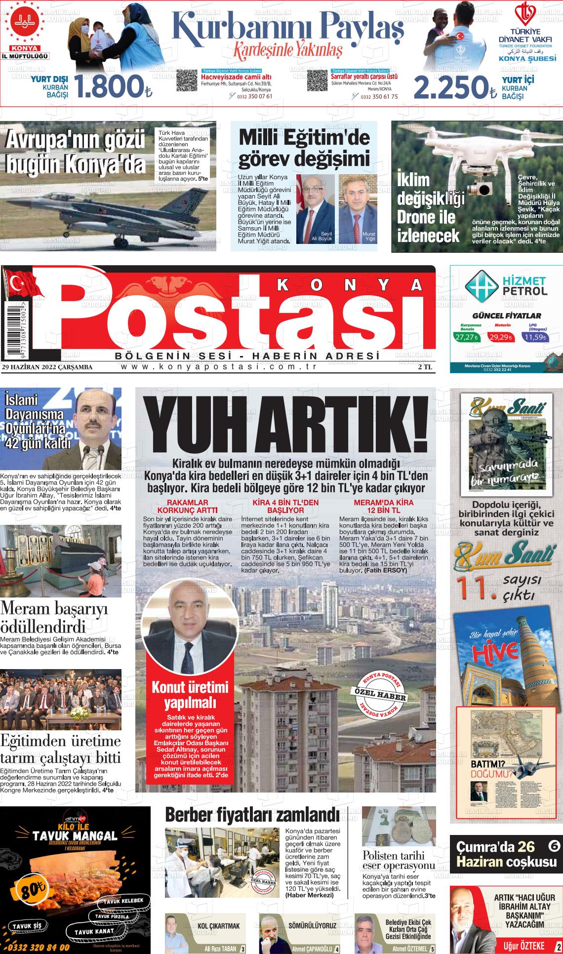 29 Haziran 2022 Konya Postası Gazete Manşeti
