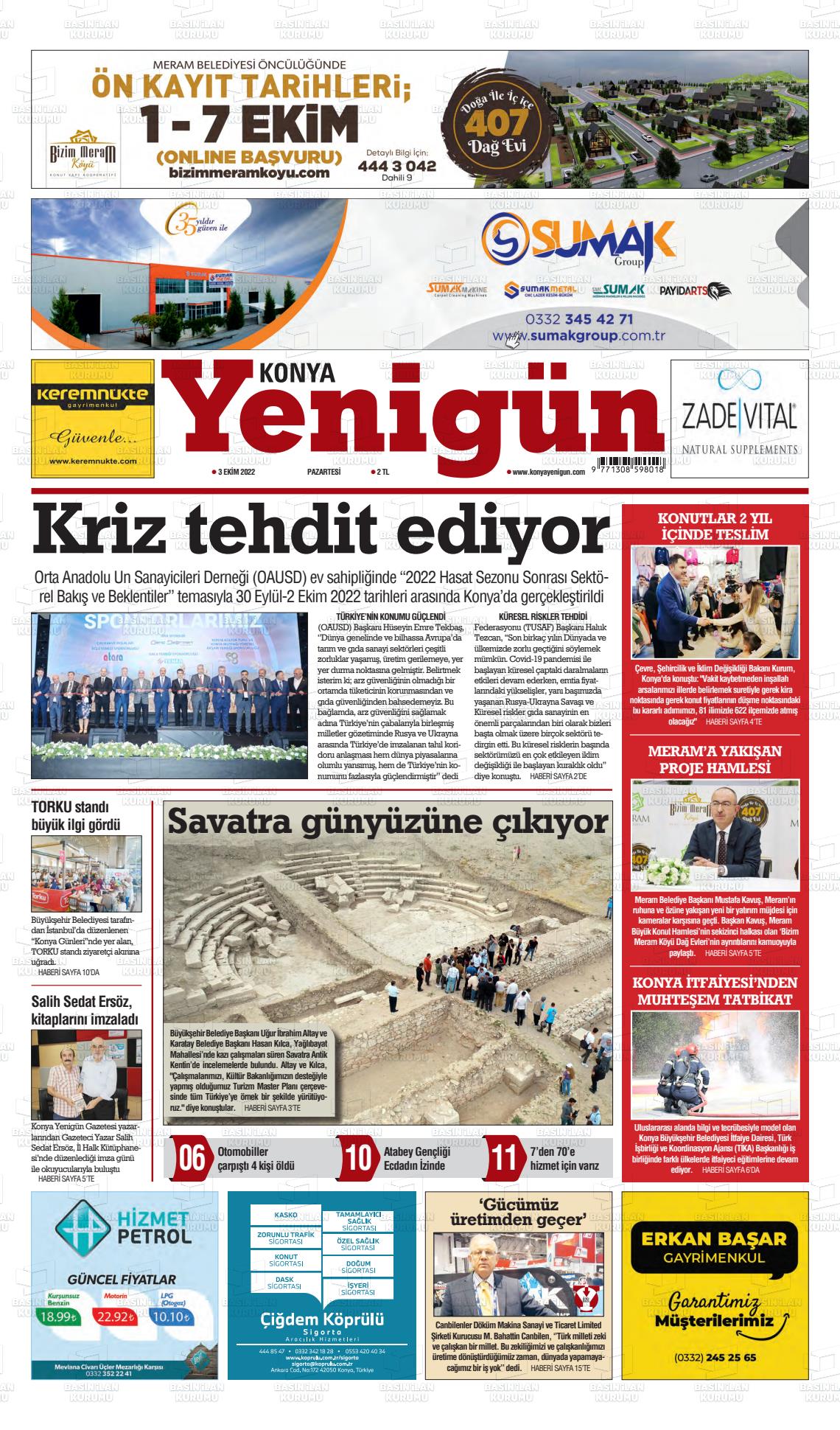 03 Ekim 2022 Konya YeniGün Gazete Manşeti