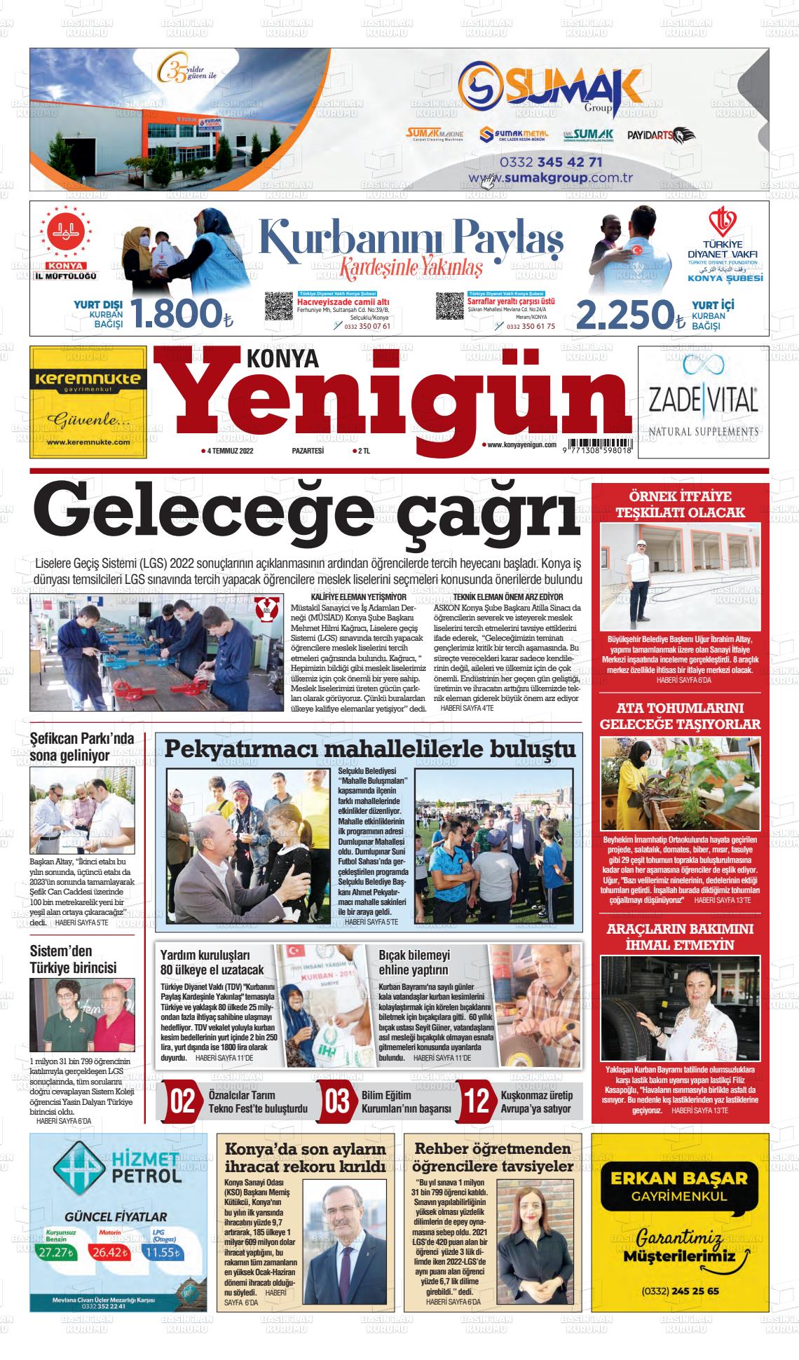 04 Temmuz 2022 Konya YeniGün Gazete Manşeti