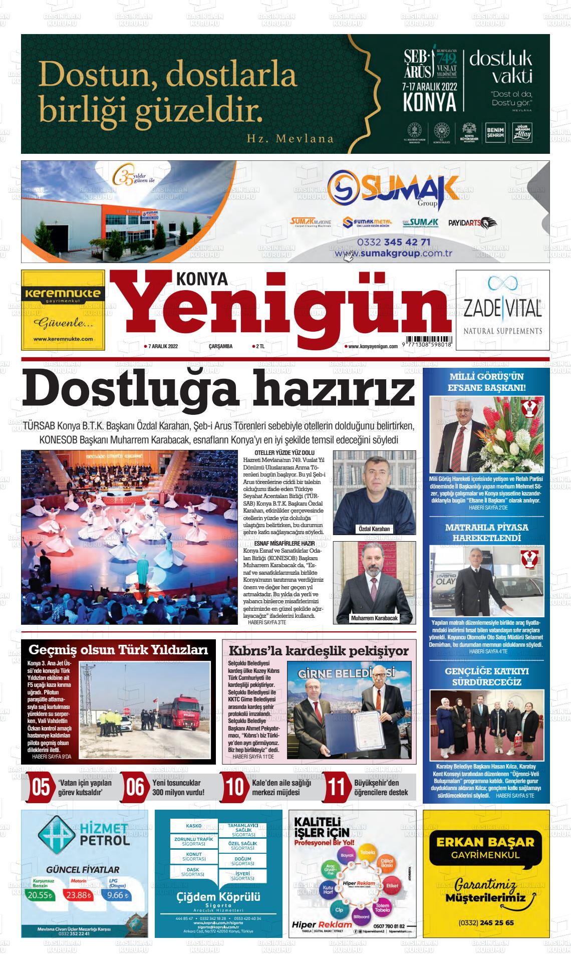 07 Aralık 2022 Konya YeniGün Gazete Manşeti