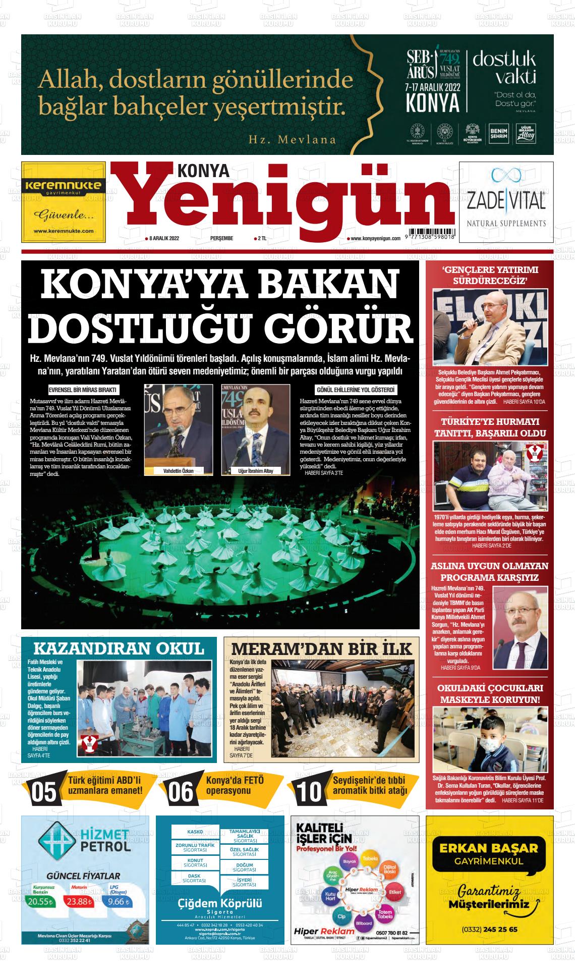 08 Aralık 2022 Konya YeniGün Gazete Manşeti