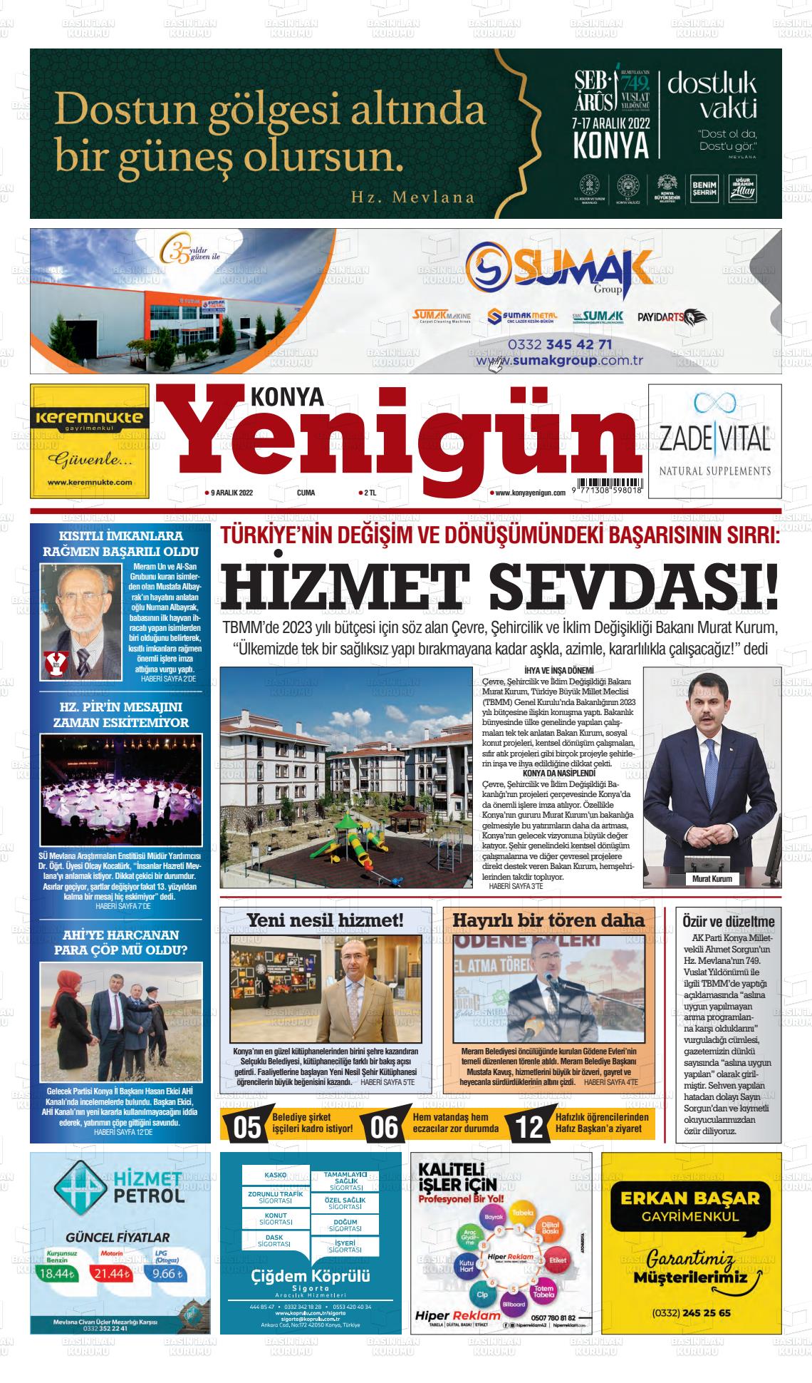 09 Aralık 2022 Konya YeniGün Gazete Manşeti