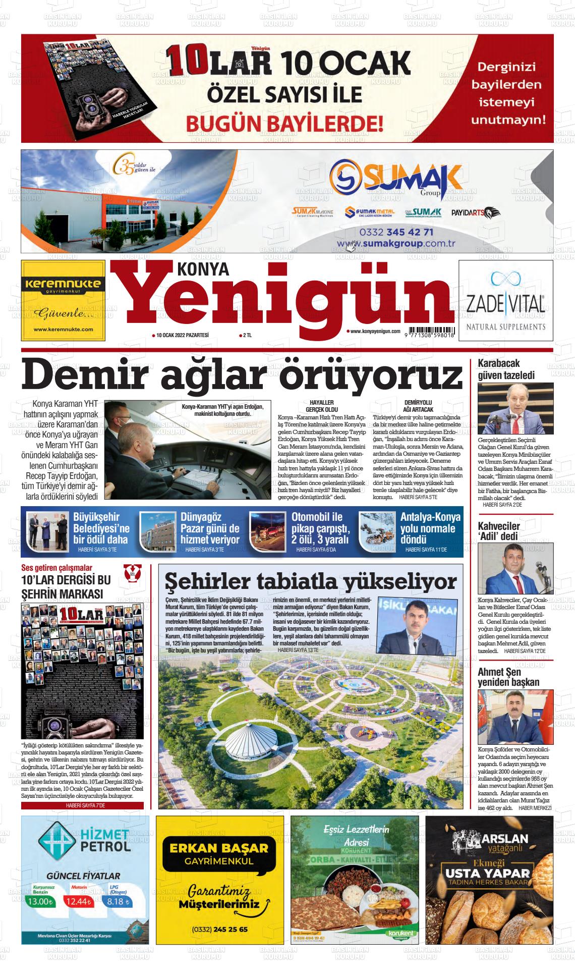 10 Ocak 2022 Konya YeniGün Gazete Manşeti