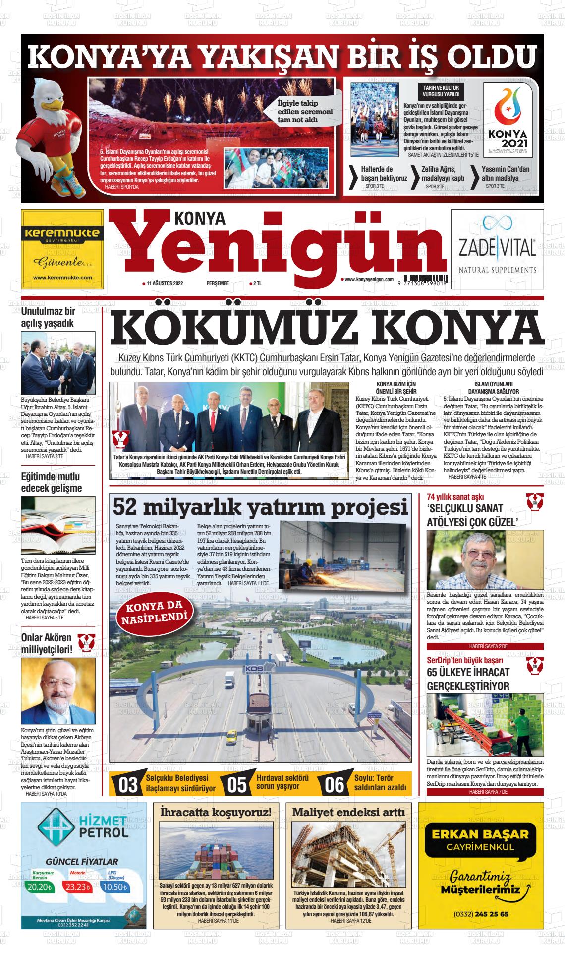11 Ağustos 2022 Konya YeniGün Gazete Manşeti