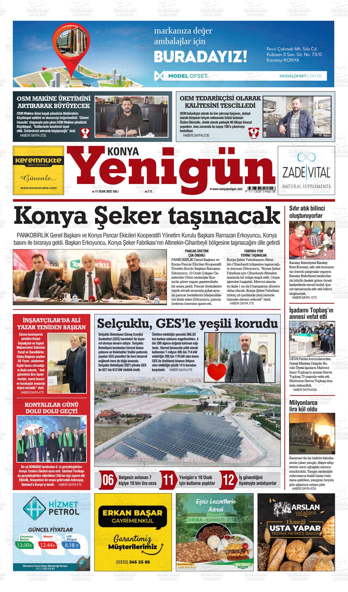 11 Ocak 2022 Konya YeniGün Gazete Manşeti