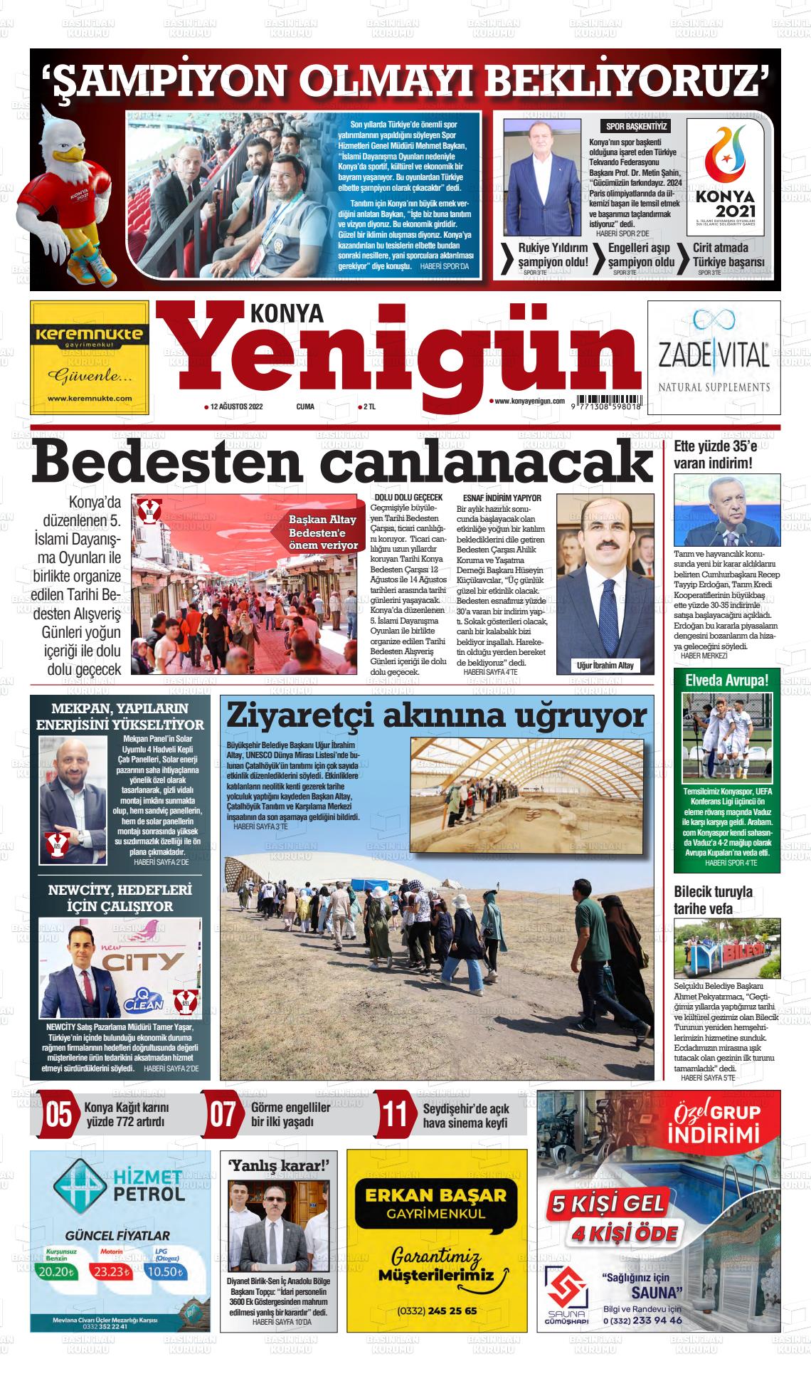 12 Ağustos 2022 Konya YeniGün Gazete Manşeti