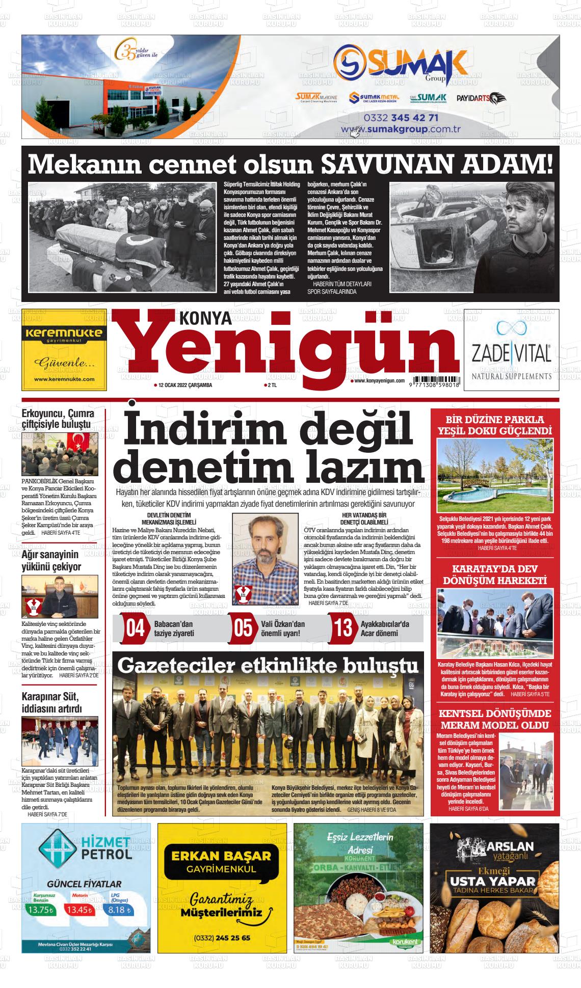 12 Ocak 2022 Konya YeniGün Gazete Manşeti