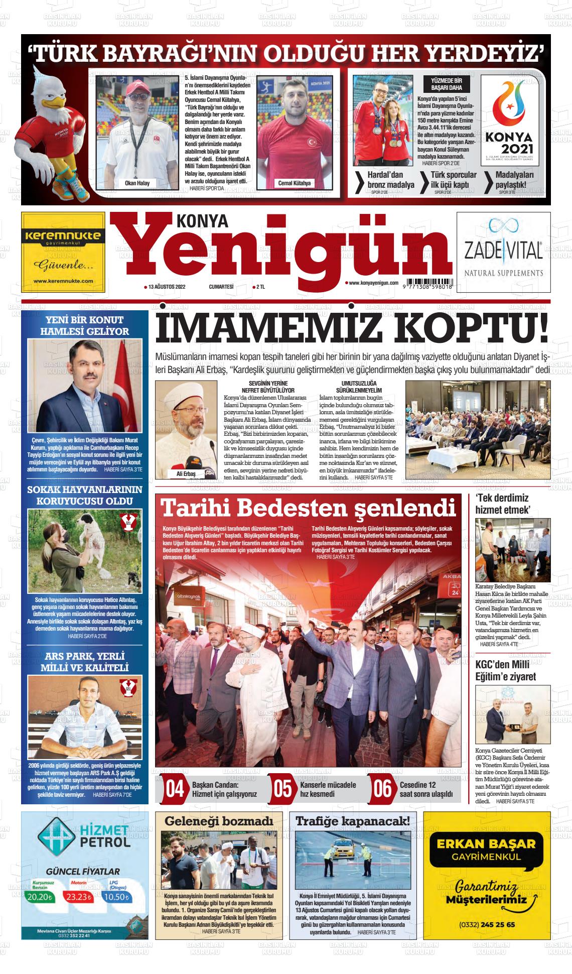 13 Ağustos 2022 Konya YeniGün Gazete Manşeti