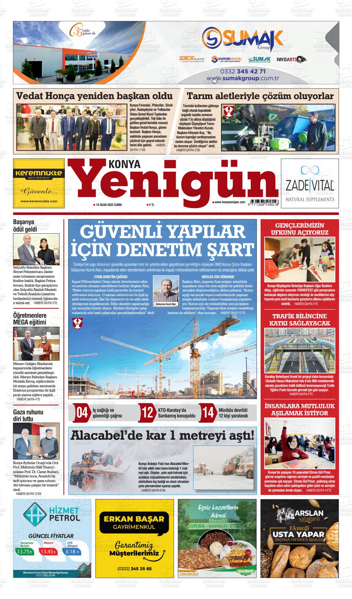 14 Ocak 2022 Konya YeniGün Gazete Manşeti