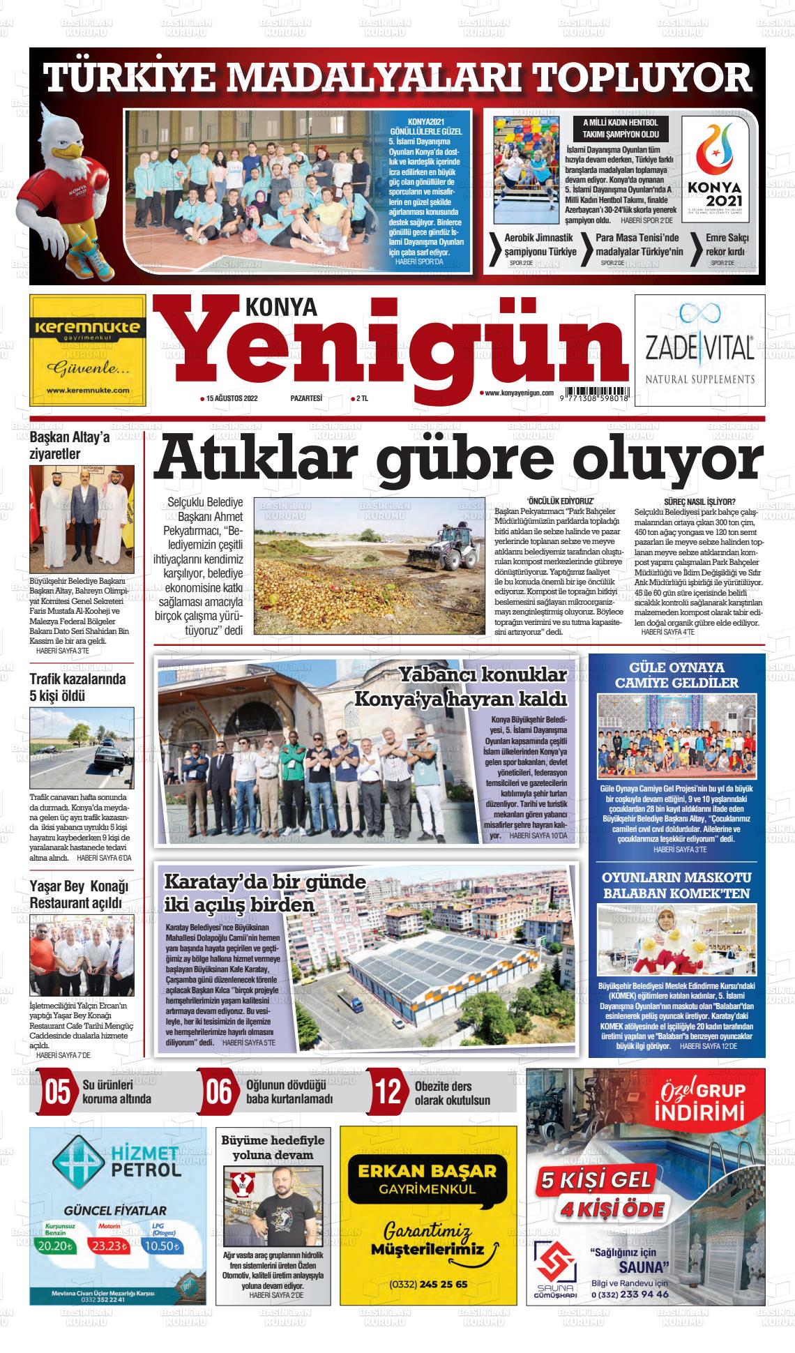 15 Ağustos 2022 Konya YeniGün Gazete Manşeti