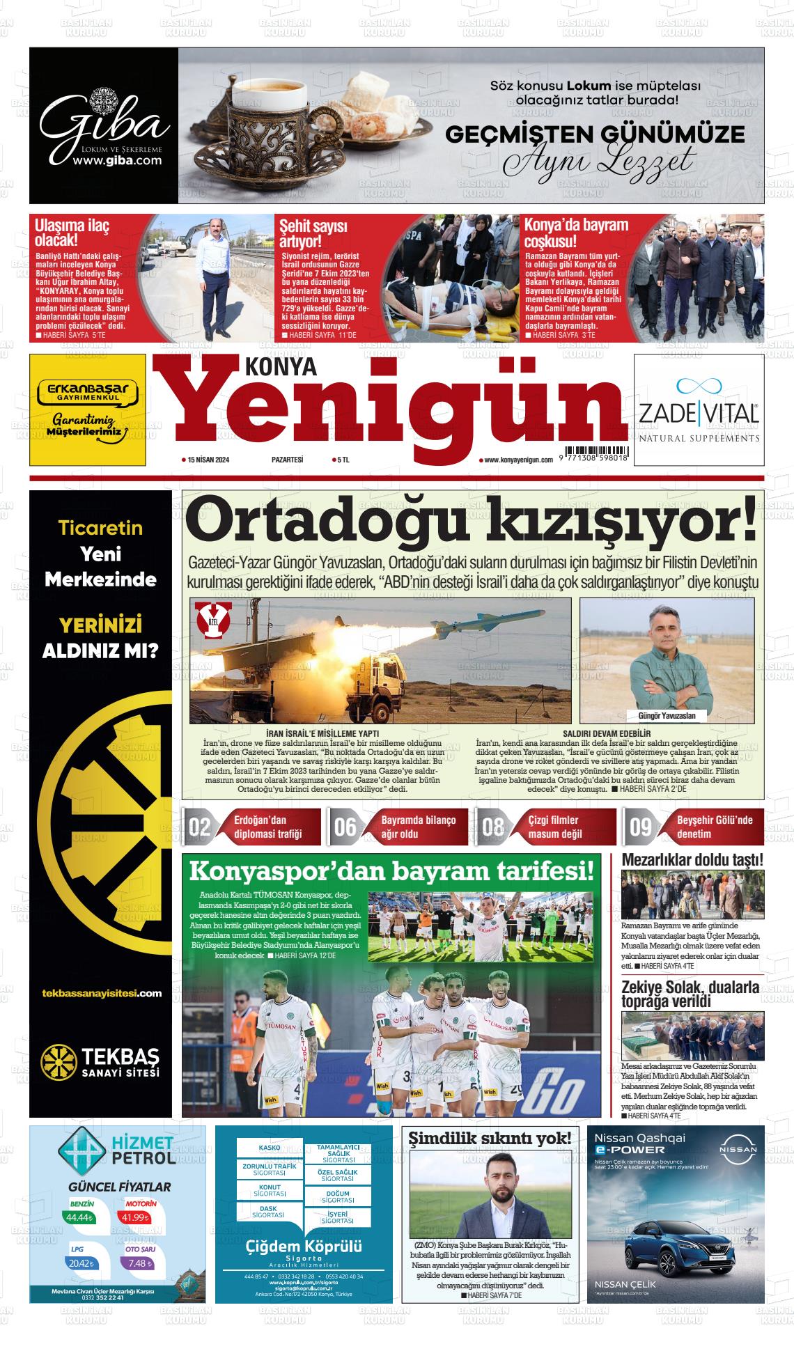 15 Nisan 2024 Konya YeniGün Gazete Manşeti