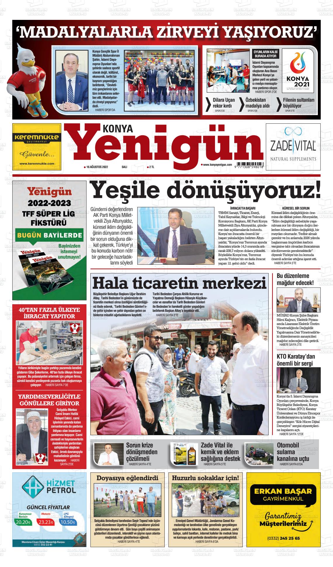 16 Ağustos 2022 Konya YeniGün Gazete Manşeti