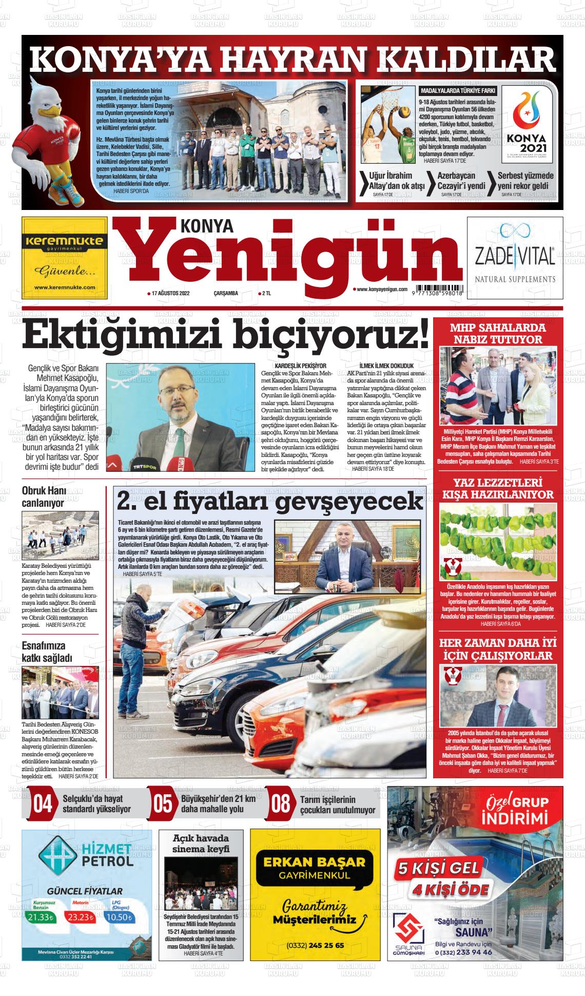 17 Ağustos 2022 Konya YeniGün Gazete Manşeti