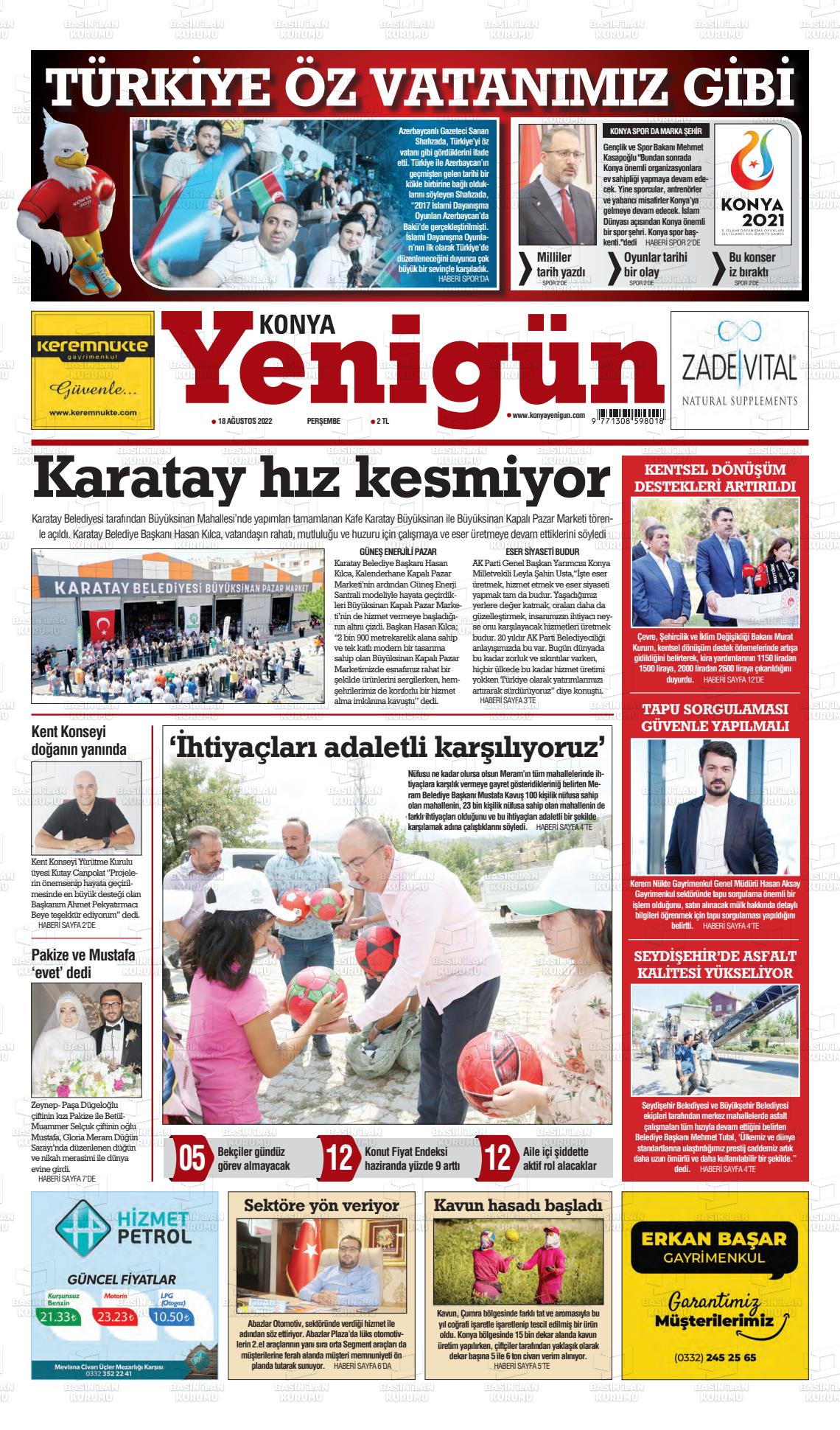 18 Ağustos 2022 Konya YeniGün Gazete Manşeti