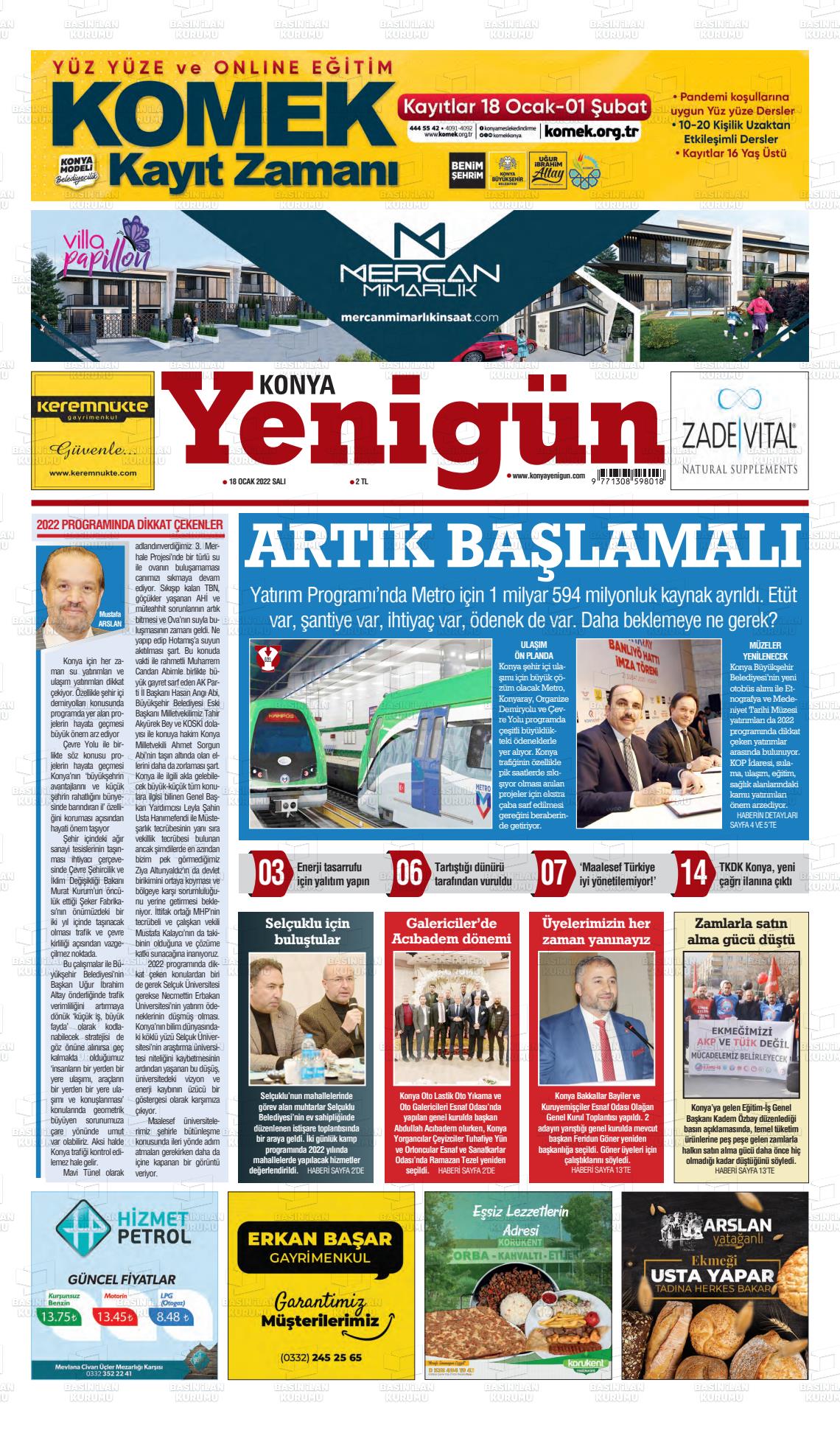 18 Ocak 2022 Konya YeniGün Gazete Manşeti