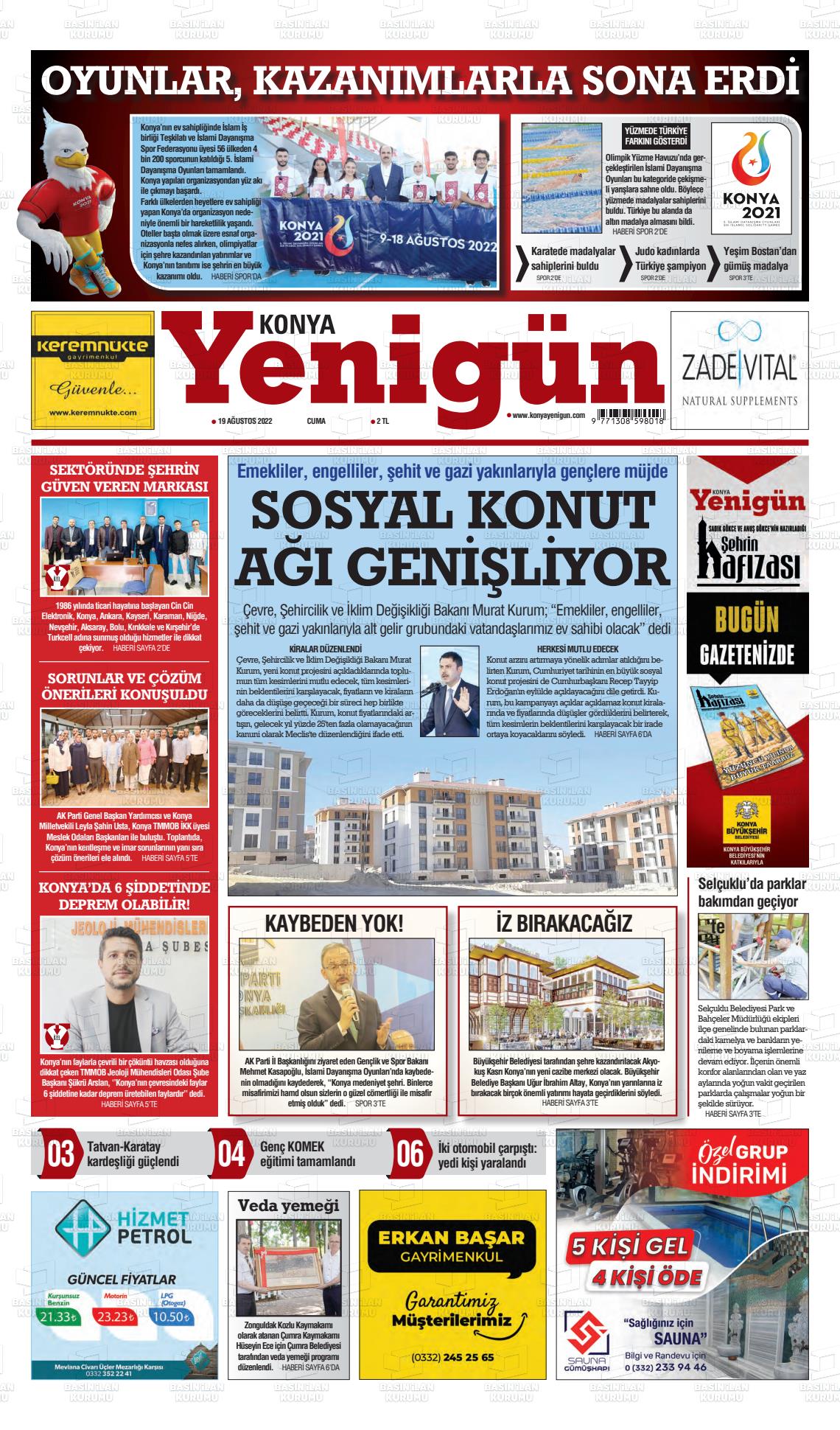 19 Ağustos 2022 Konya YeniGün Gazete Manşeti