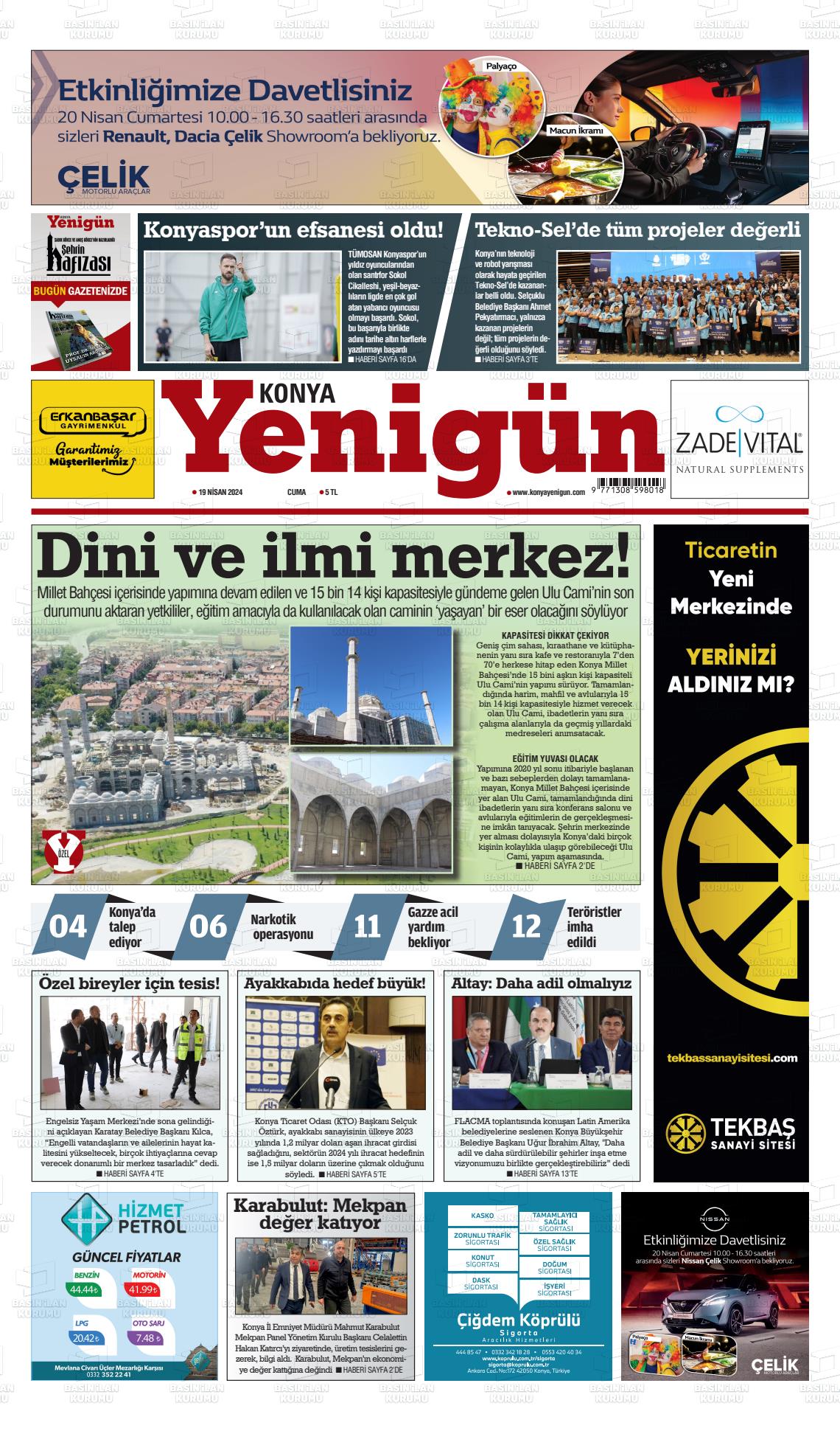 19 Nisan 2024 Konya YeniGün Gazete Manşeti
