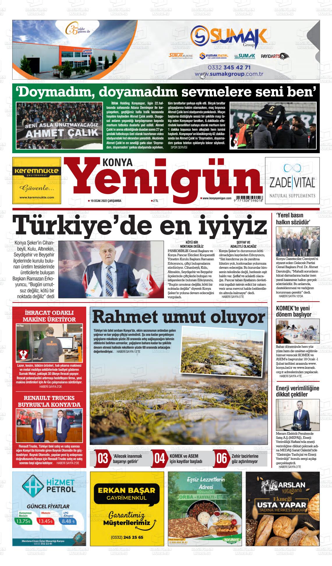 19 Ocak 2022 Konya YeniGün Gazete Manşeti