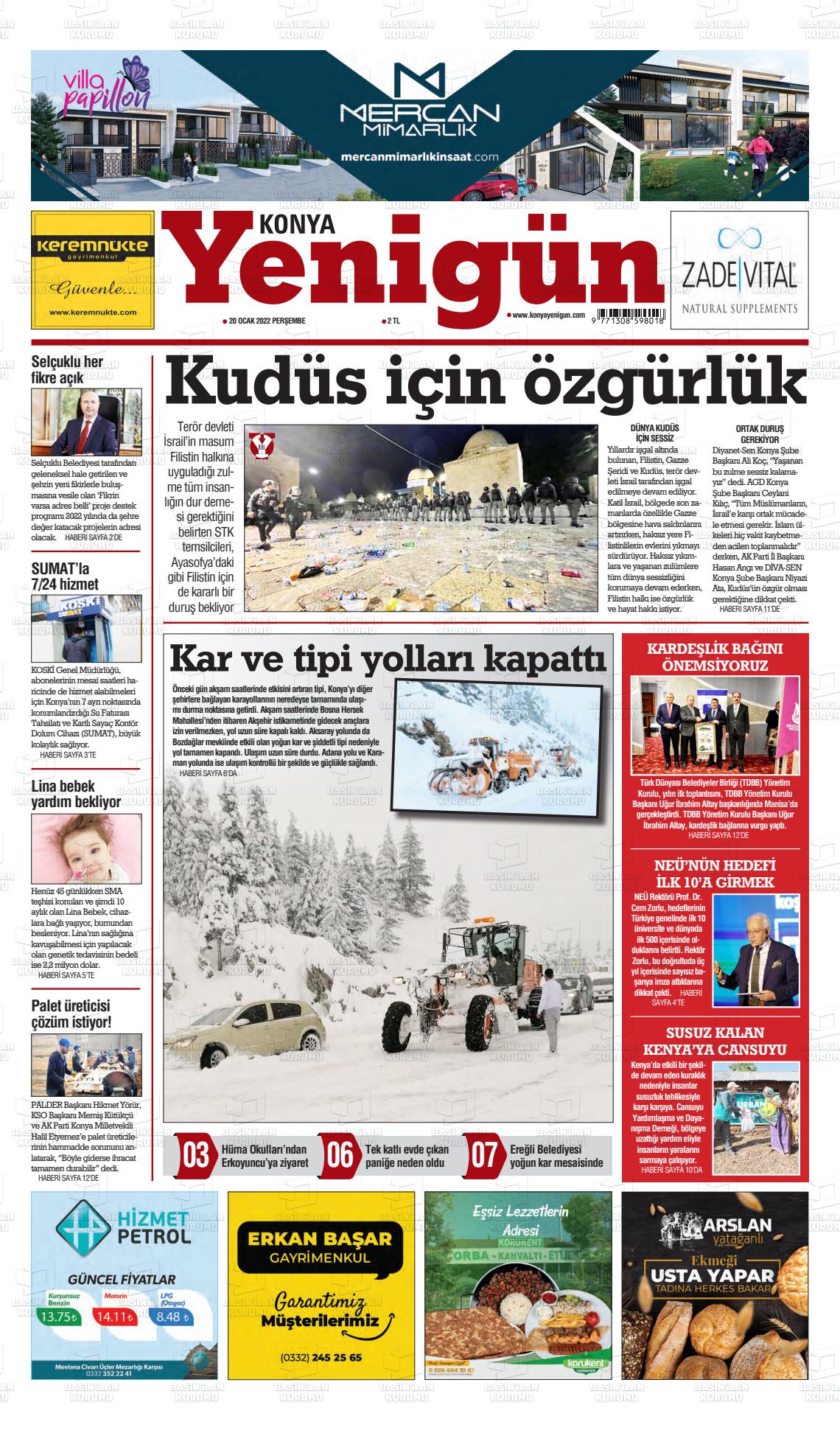 20 Ocak 2022 Konya YeniGün Gazete Manşeti