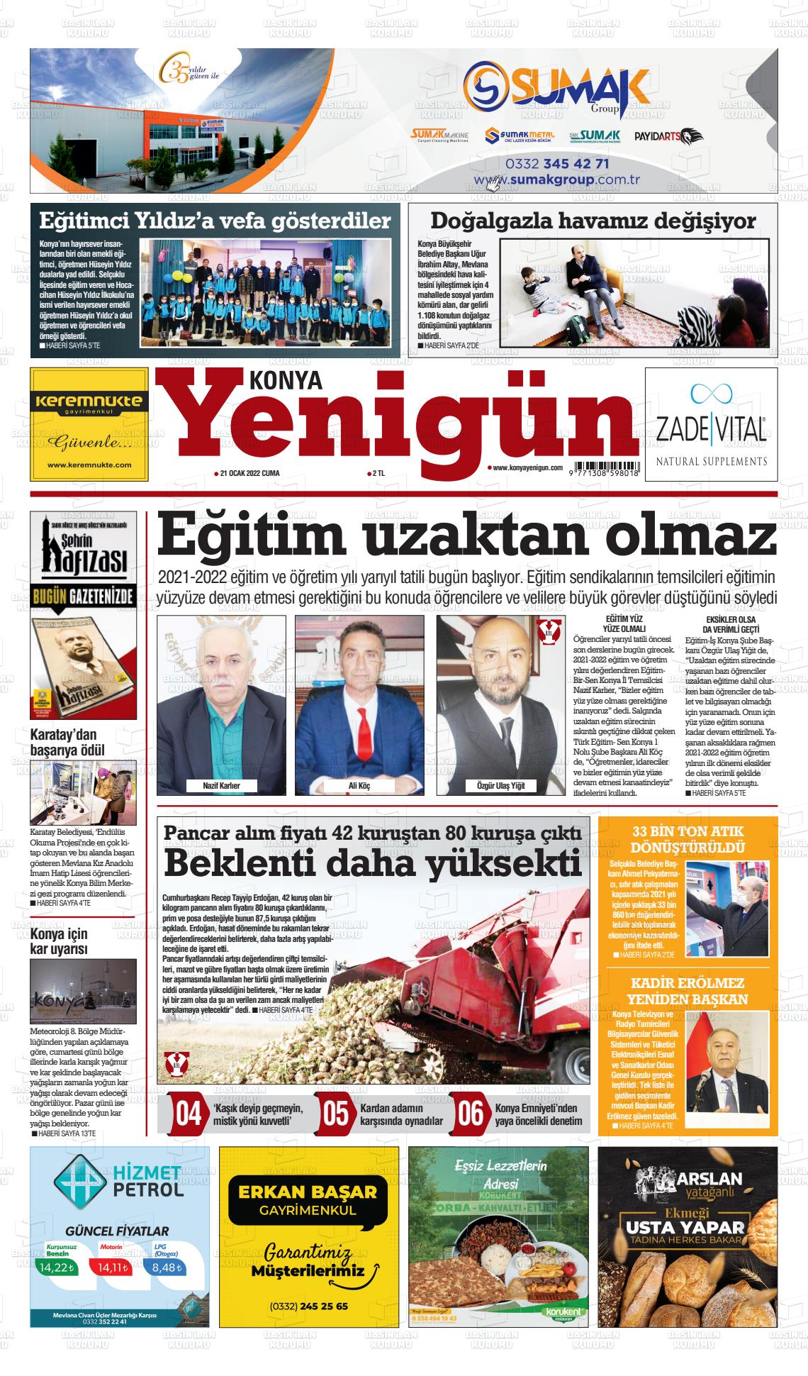 21 Ocak 2022 Konya YeniGün Gazete Manşeti