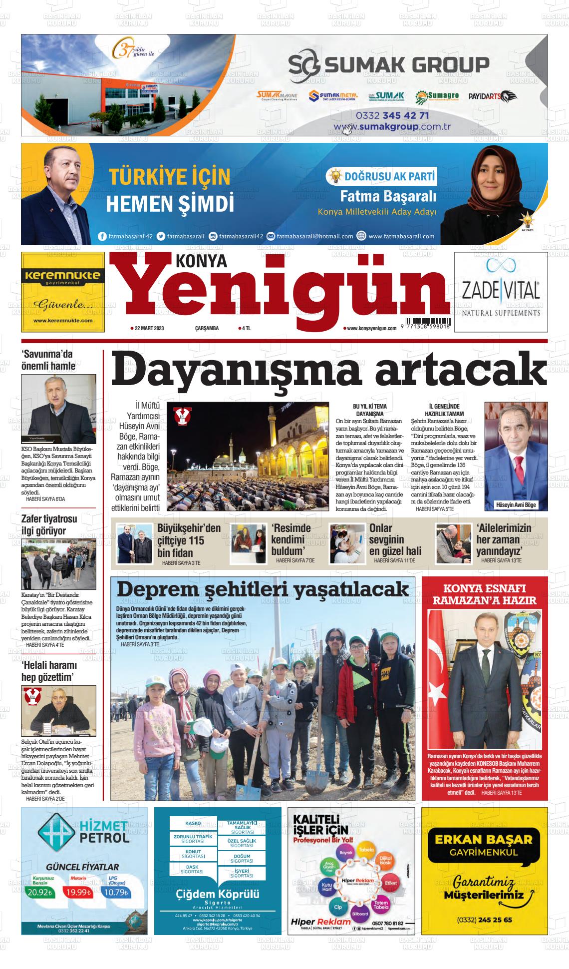 22 Mart 2023 Konya YeniGün Gazete Manşeti