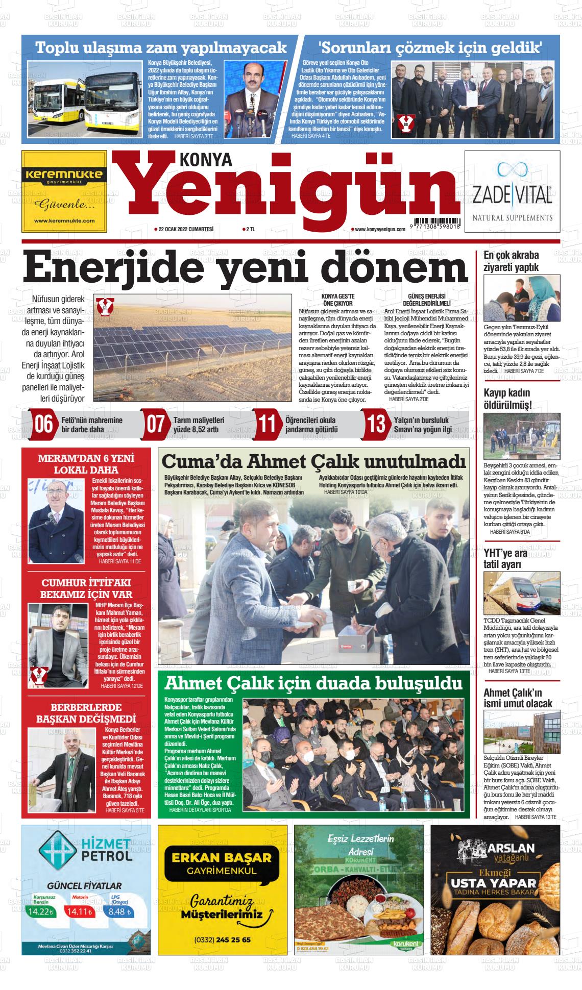 22 Ocak 2022 Konya YeniGün Gazete Manşeti