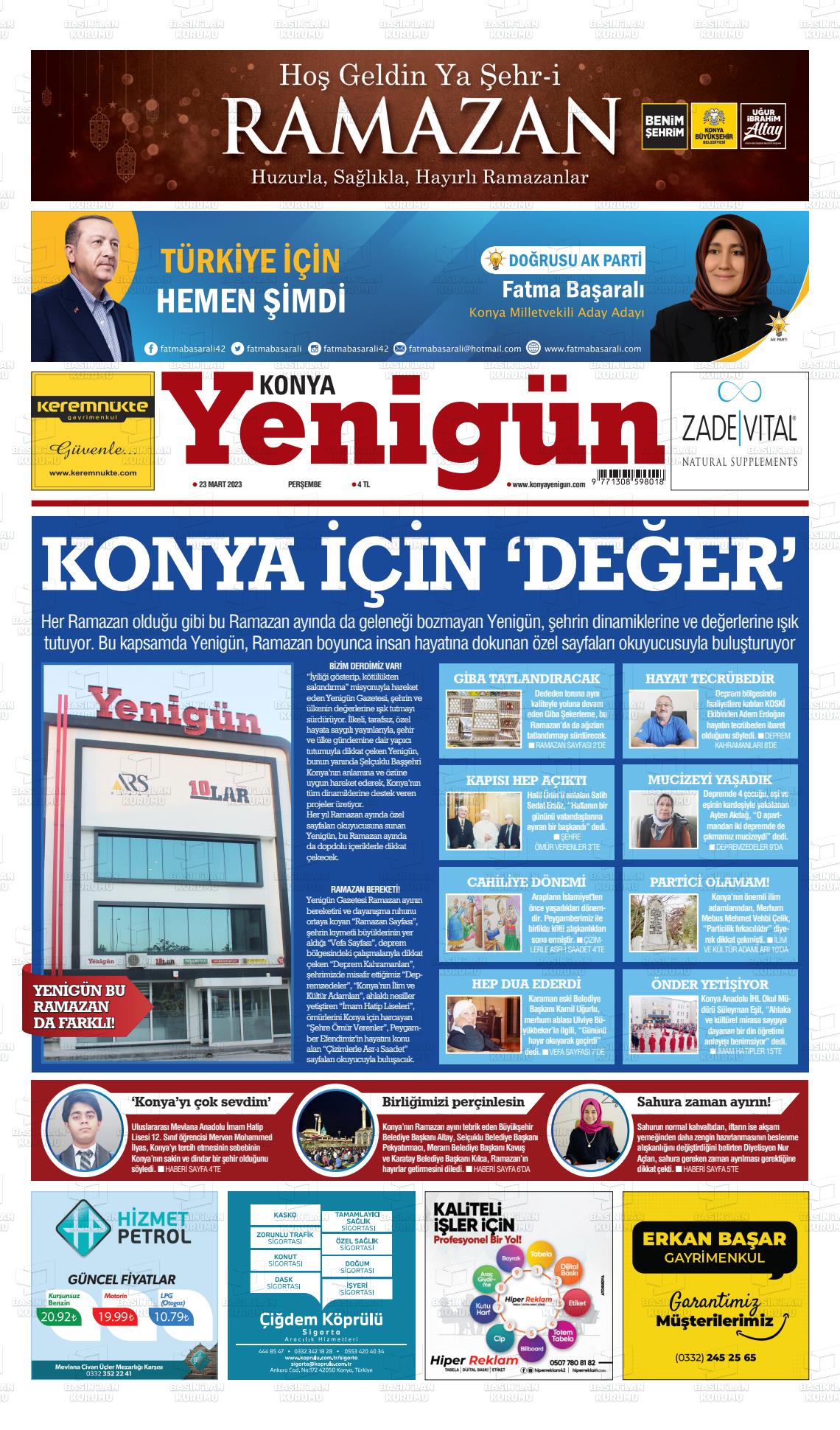 23 Mart 2023 Konya YeniGün Gazete Manşeti