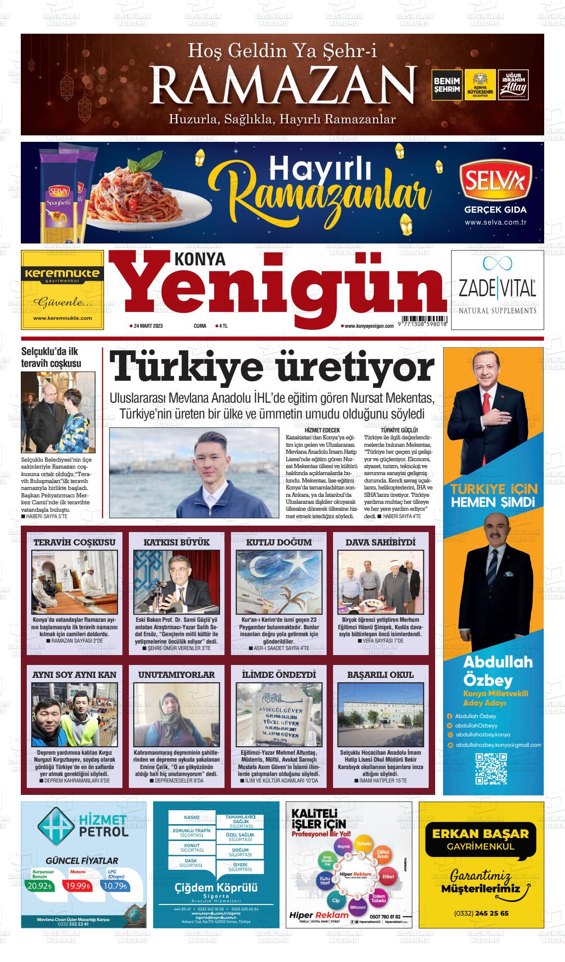 24 Mart 2023 Konya YeniGün Gazete Manşeti
