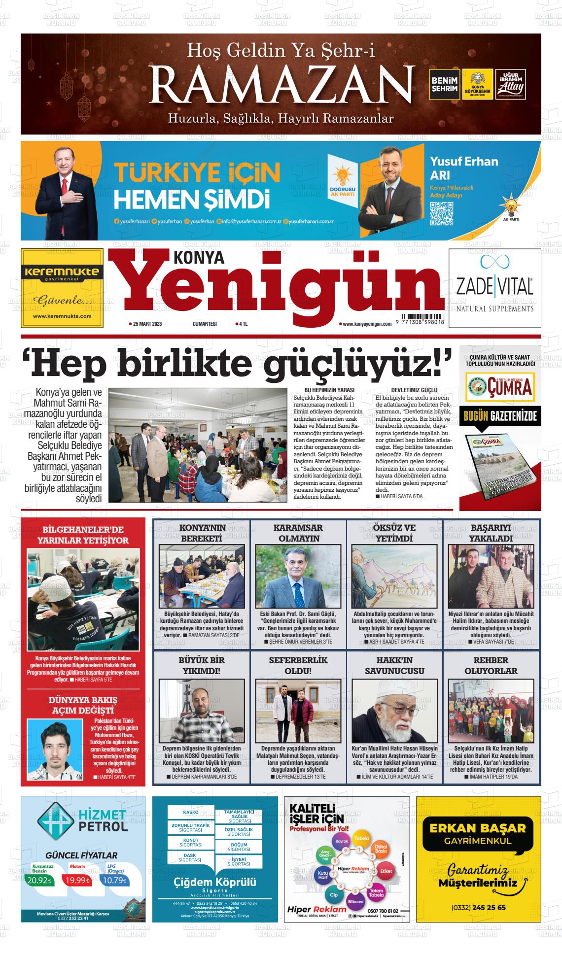 25 Mart 2023 Konya YeniGün Gazete Manşeti