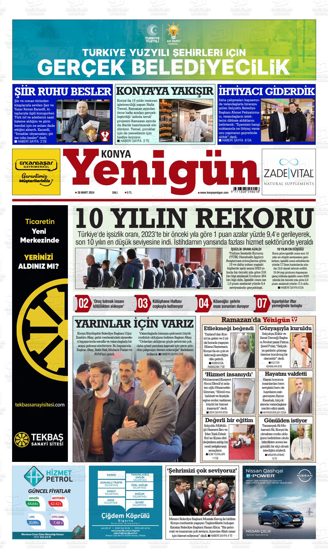 26 Mart 2024 Konya YeniGün Gazete Manşeti