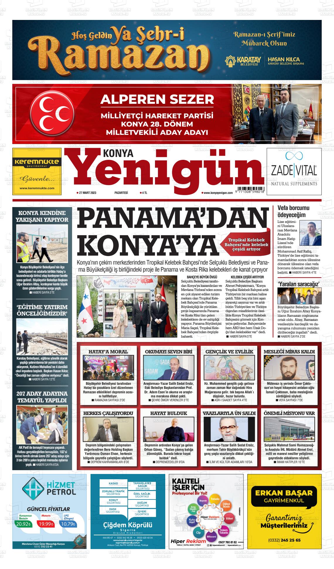 27 Mart 2023 Konya YeniGün Gazete Manşeti