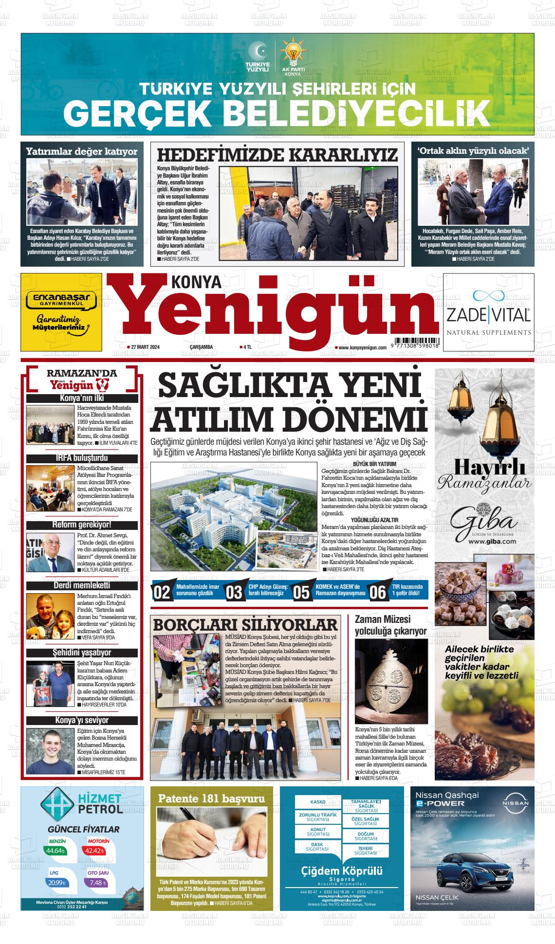 27 Mart 2024 Konya YeniGün Gazete Manşeti