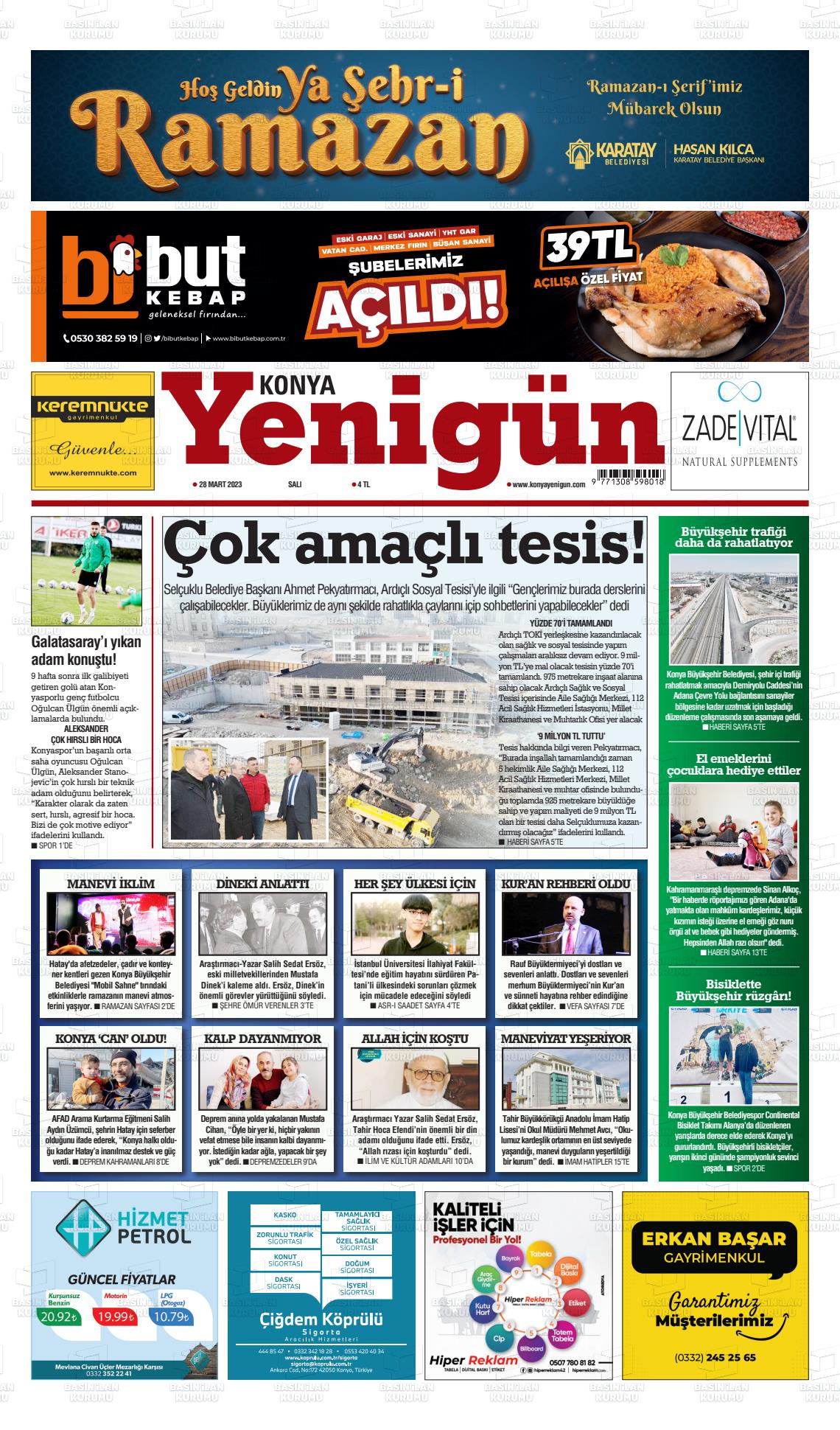 28 Mart 2023 Konya YeniGün Gazete Manşeti