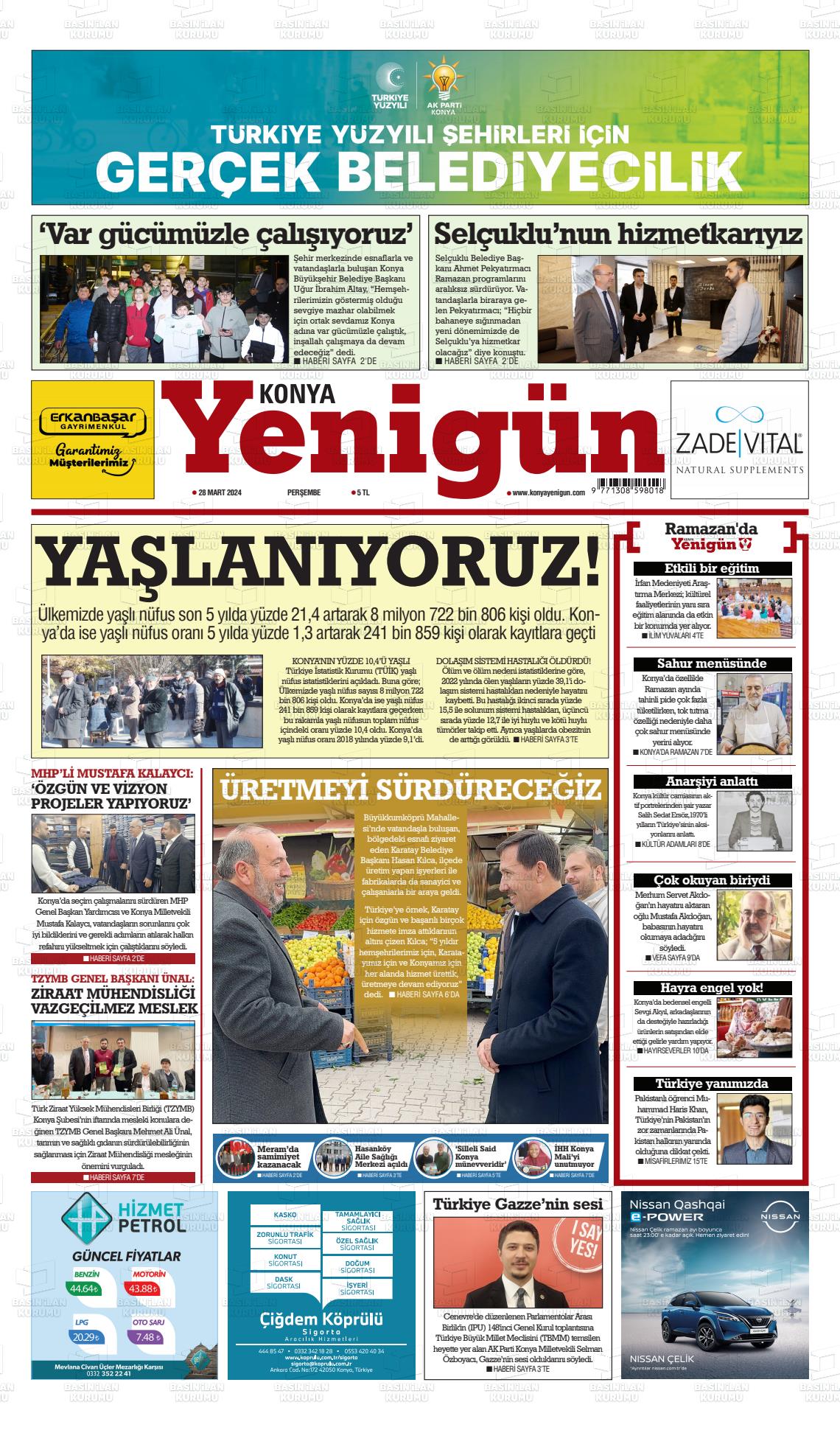 28 Mart 2024 Konya YeniGün Gazete Manşeti