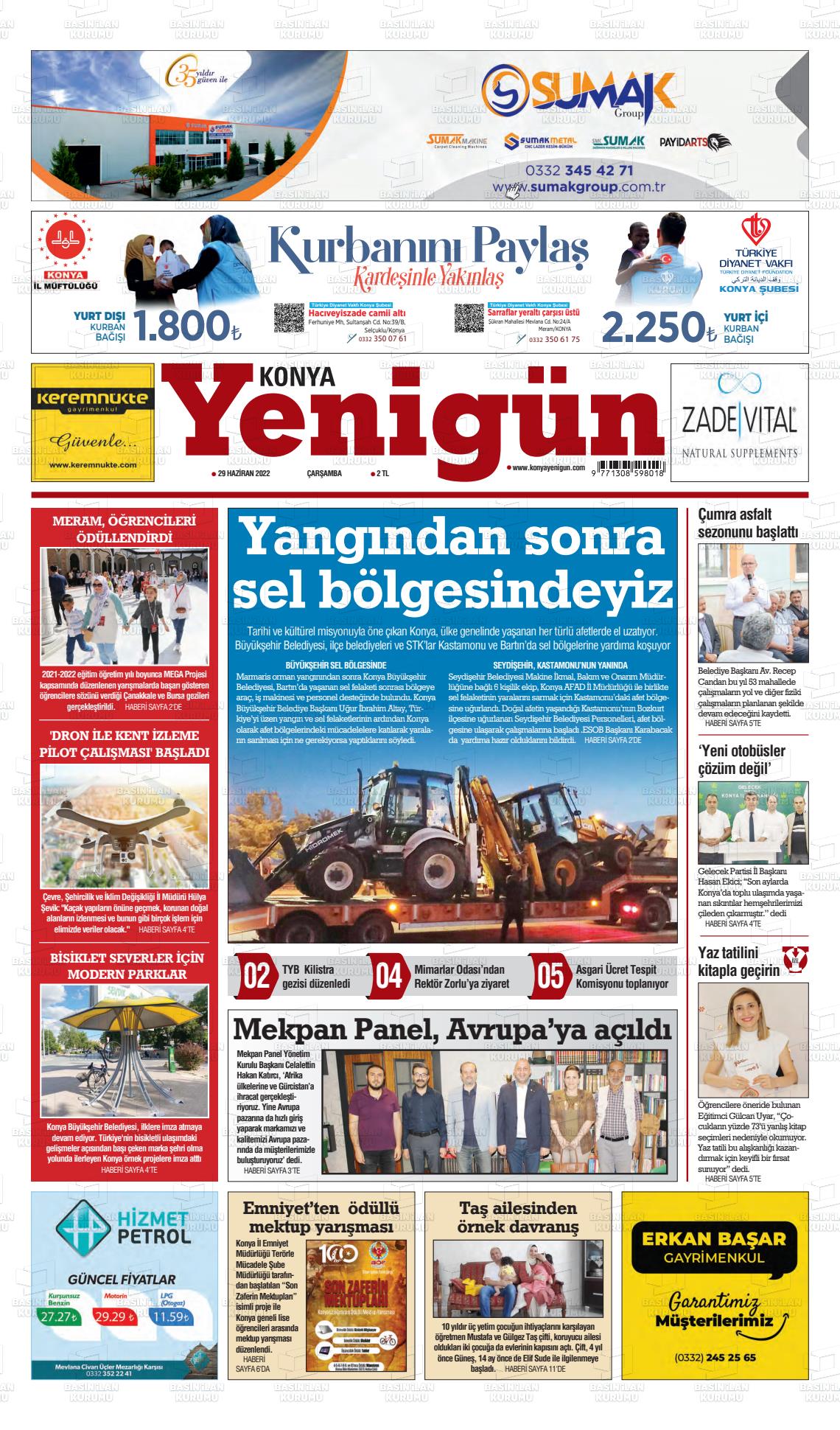29 Haziran 2022 Konya YeniGün Gazete Manşeti