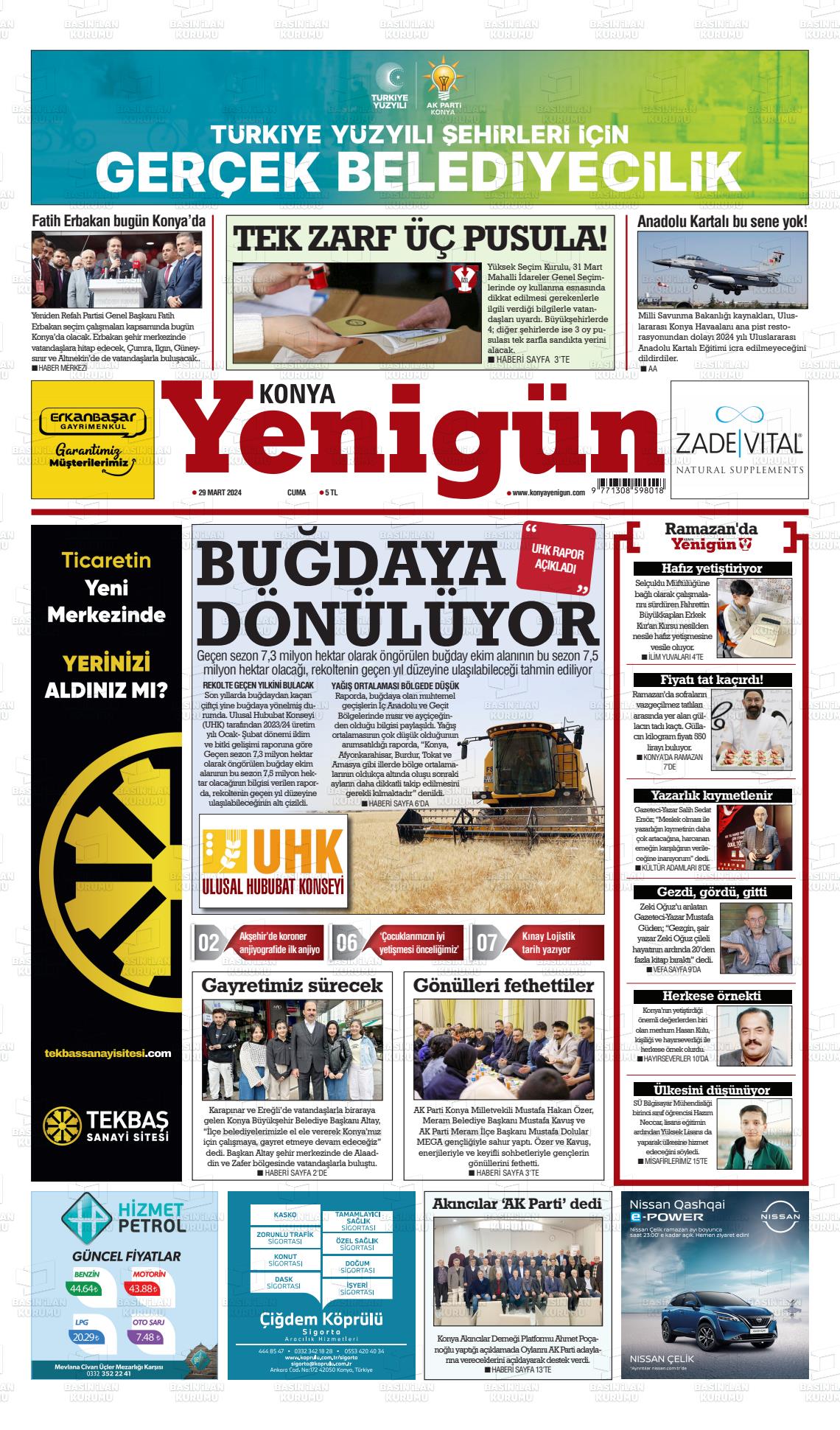 29 Mart 2024 Konya YeniGün Gazete Manşeti