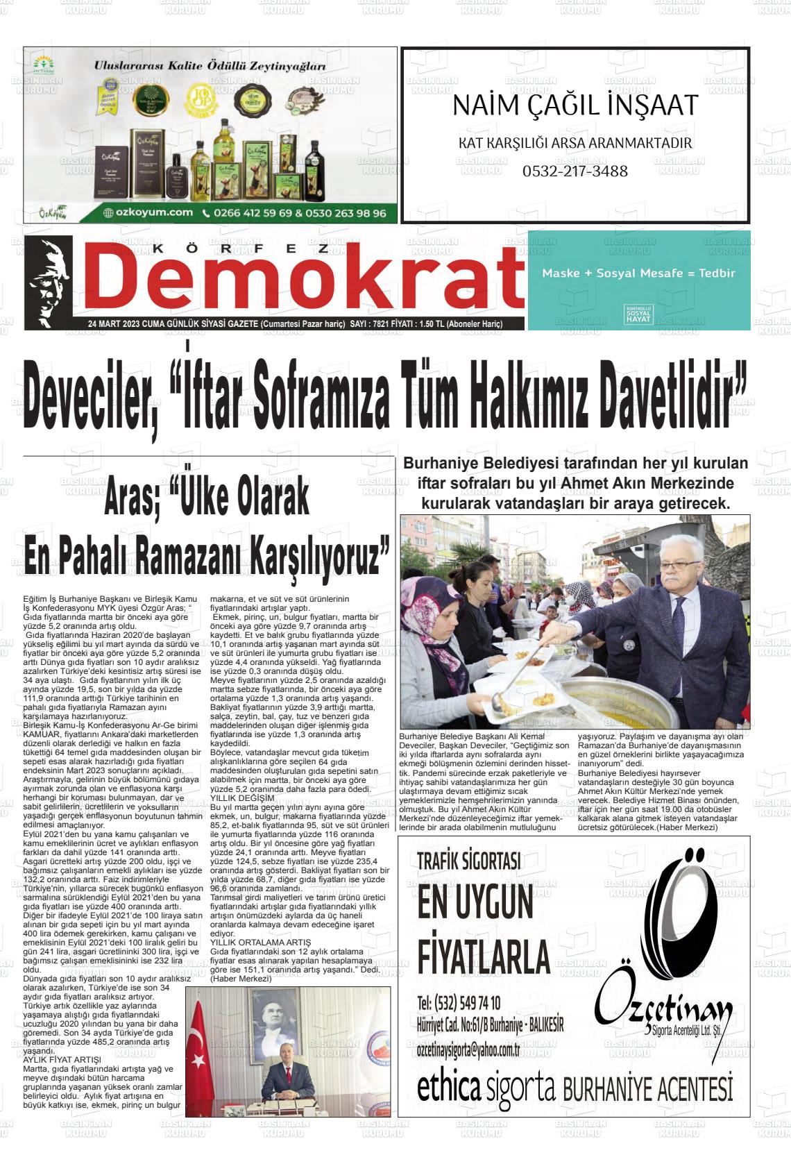 24 Mart 2023 Körfez Demokrat Gazete Manşeti