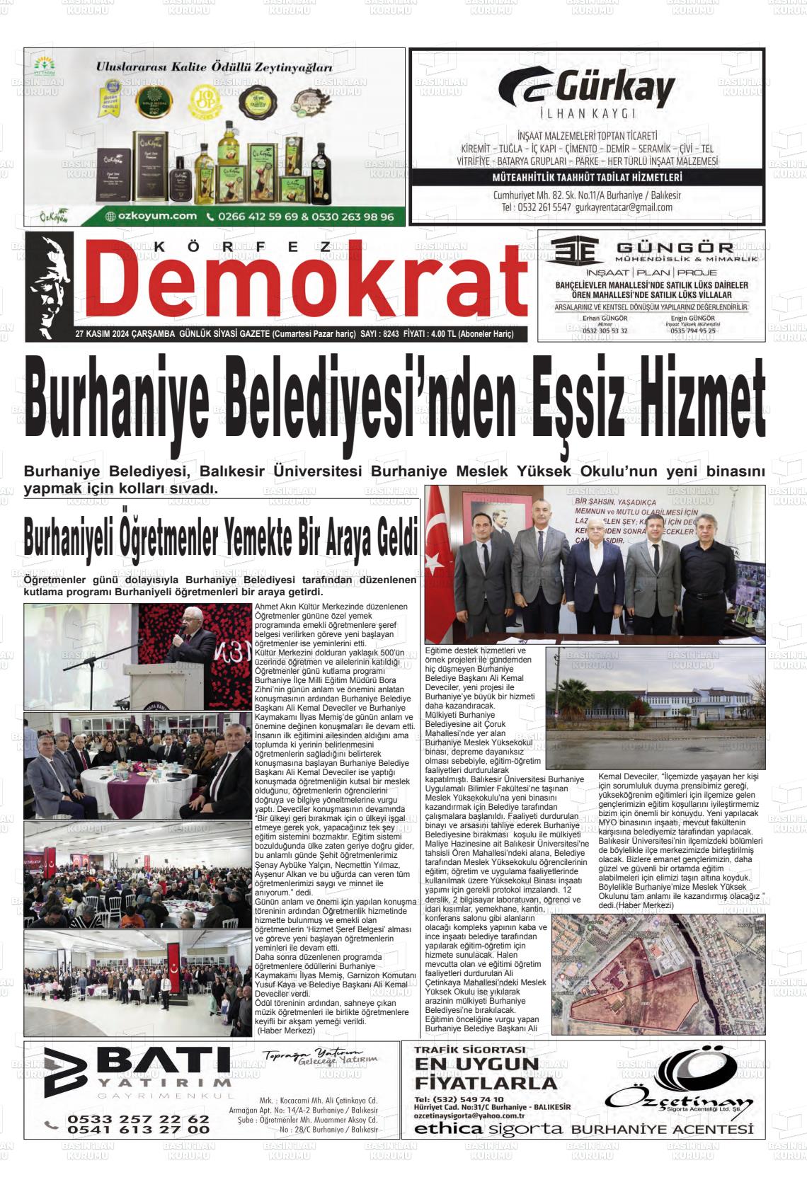 27 Kasım 2024 Körfez Demokrat Gazete Manşeti