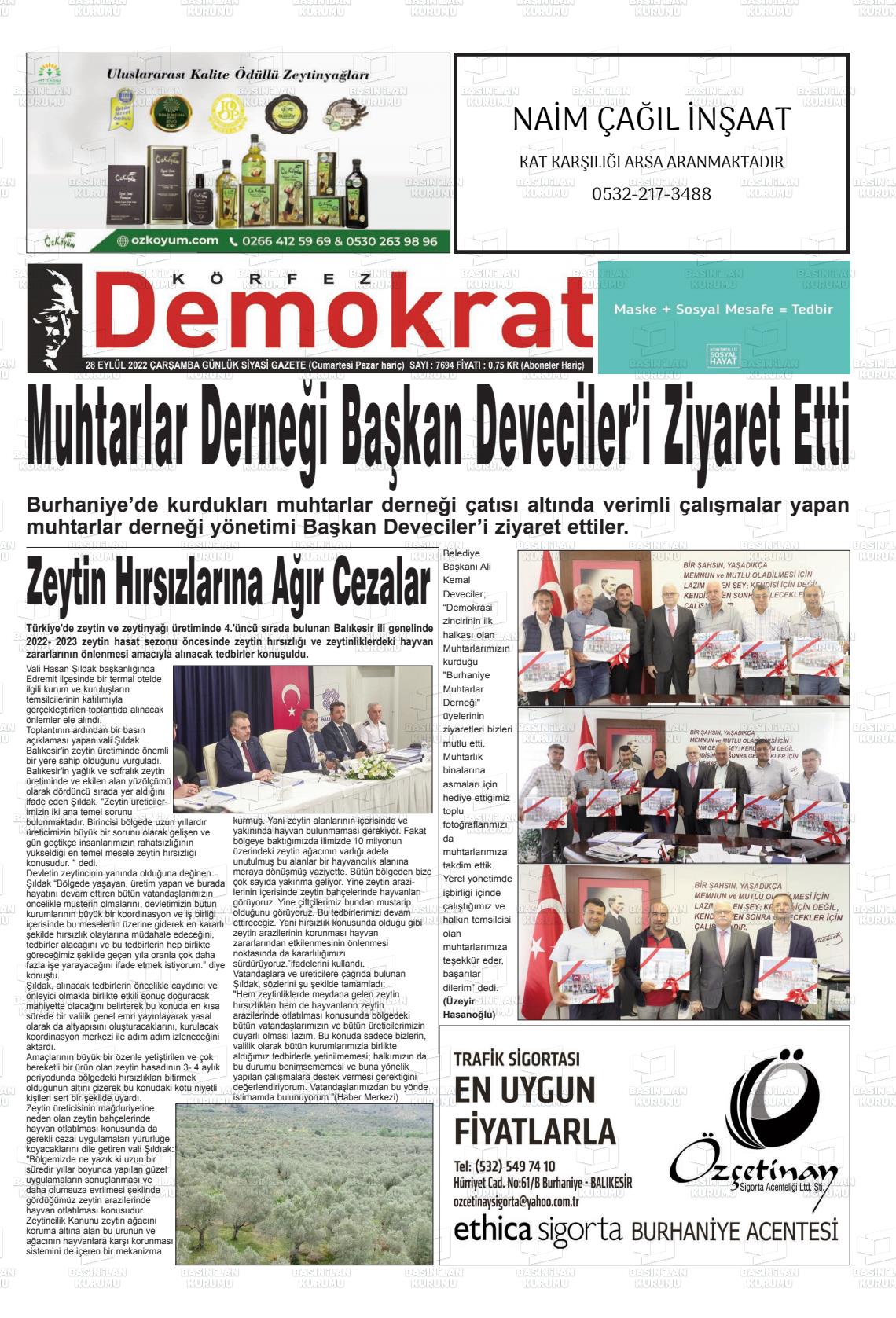 28 Eylül 2022 Körfez Demokrat Gazete Manşeti