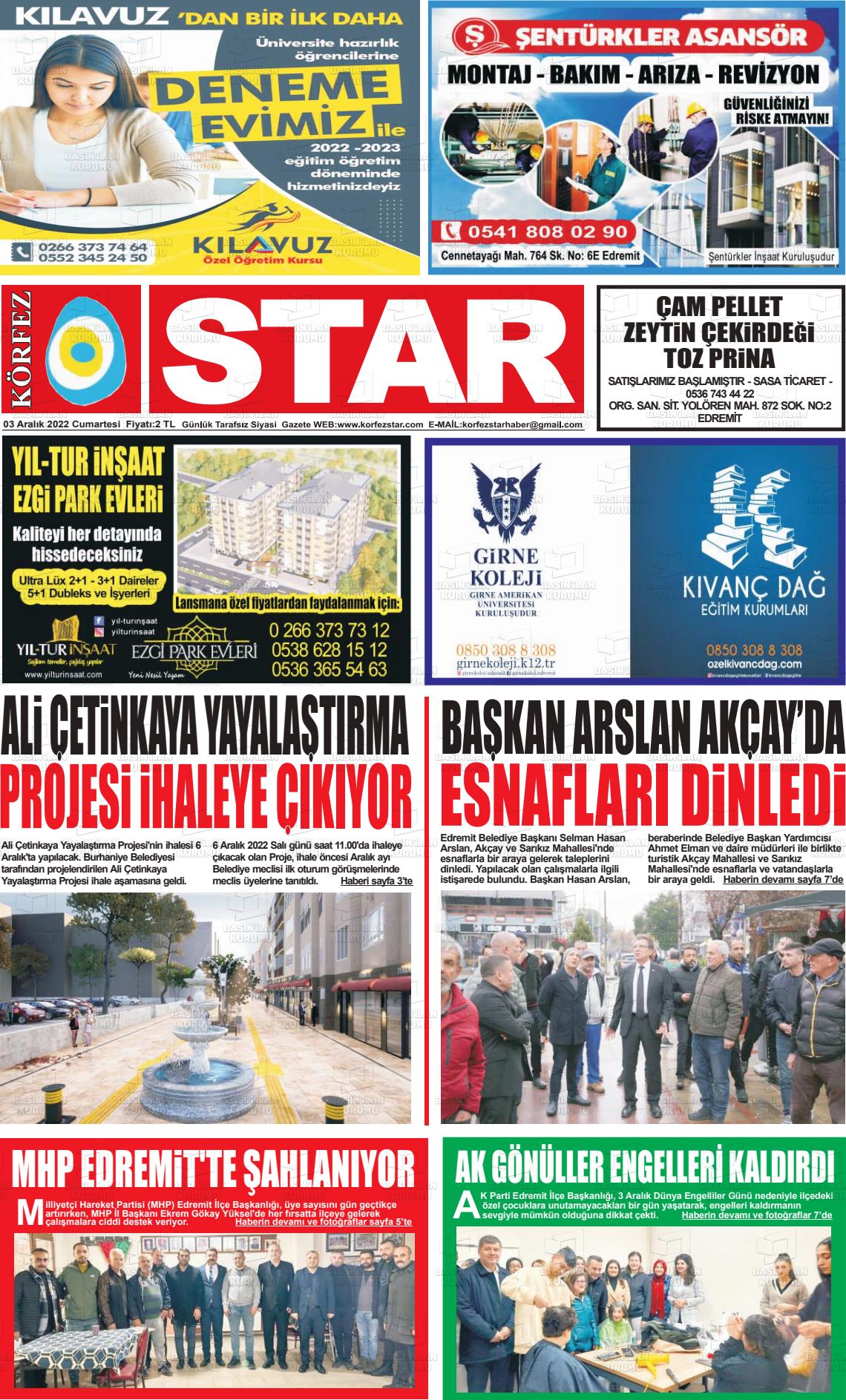 03 Aralık 2022 Körfez Star Gazete Manşeti