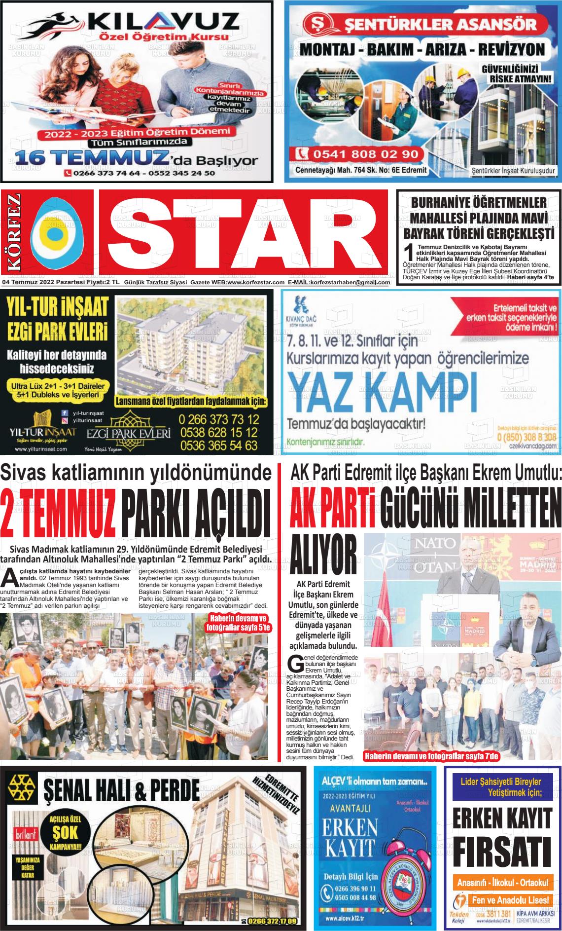 04 Temmuz 2022 Körfez Star Gazete Manşeti