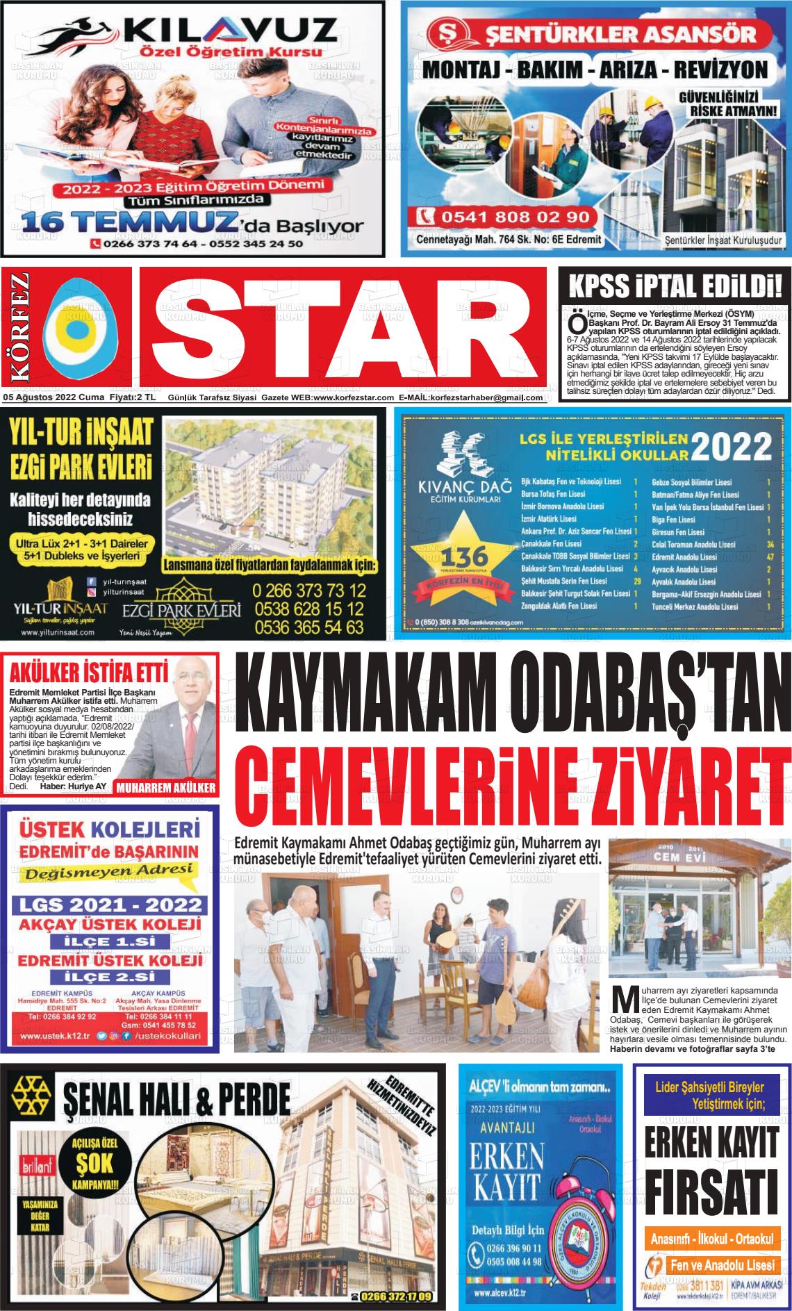 05 Ağustos 2022 Körfez Star Gazete Manşeti